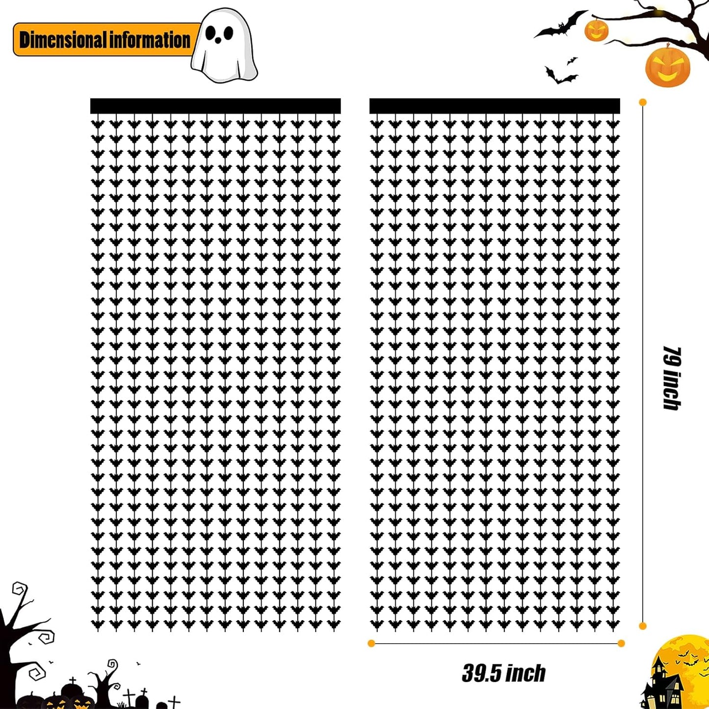 CANREVEL 2 Pack 3.2x6.5 Feet Halloween Foil Fringe Backdrop Curtains, Black Bat Tinsel Streamers Party Decorations, Fringe Backdrop for Wall Door Indoor Outdoor Decorations