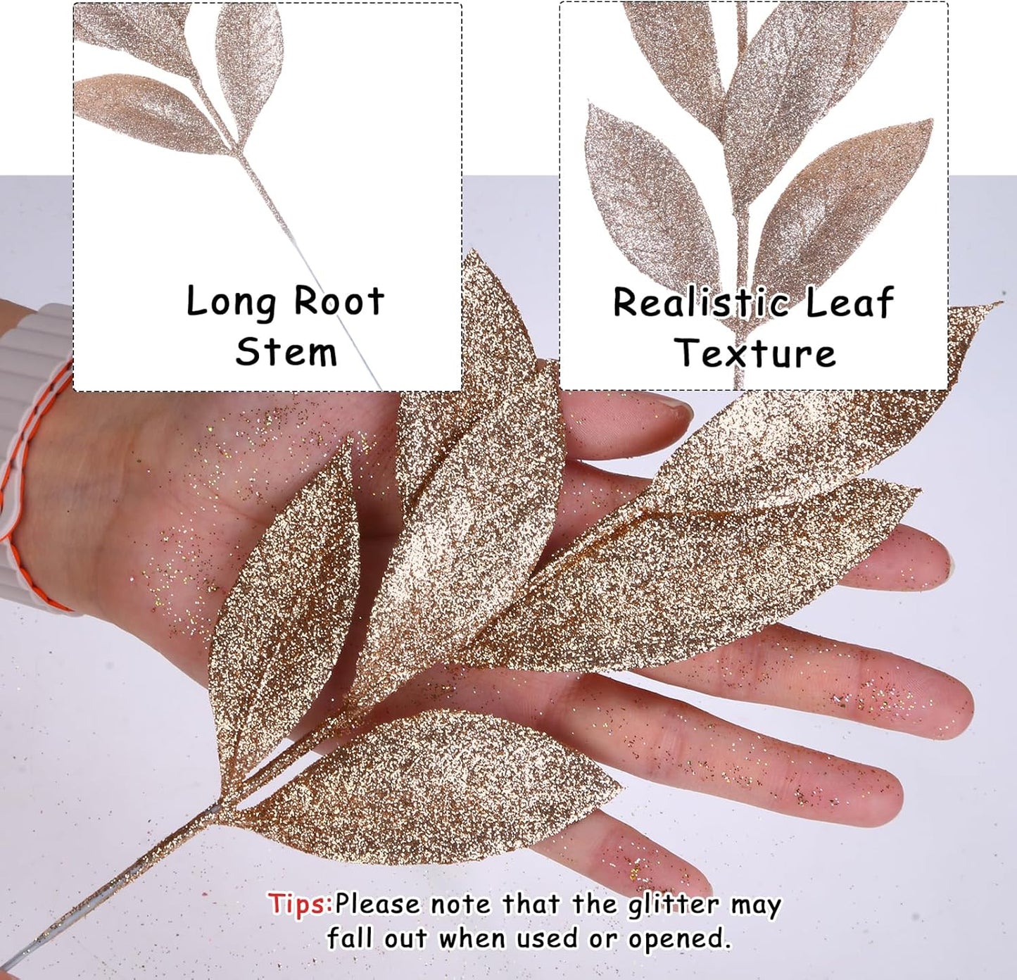 GREENTIME 12 Pack Artificial Champ Glitter Leaves 13" Fake Christmas Picks Decorative Glitter Sticks for Vase Christmas Tree DIY Wreath Crafts Fireplace Decor