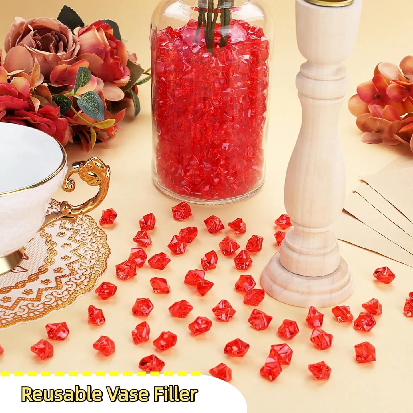 YATOJUZI 500pcs Fake Ice Cubes Red Acrylic Crushed Rocks Vase Fillers Plastic Diamonds Gems for DIY Party Wedding Centerpiece Table Scatter Prop Display 0.5" (Only Red)