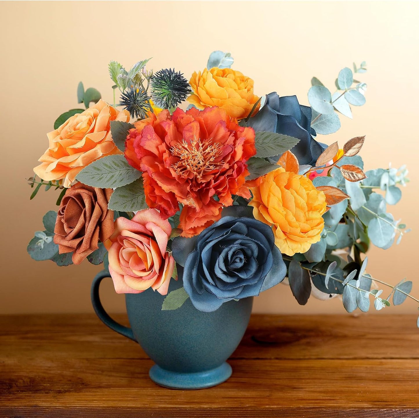 AmyHomie Teal Orange Artificial Flowers Combo Silk Mix Peony Rose Fake Flowers w/Stem for DIY Wedding Bouquets Centerpieces Arrangements Table Fall Decor Party Bridal Baby Shower Home Decorations