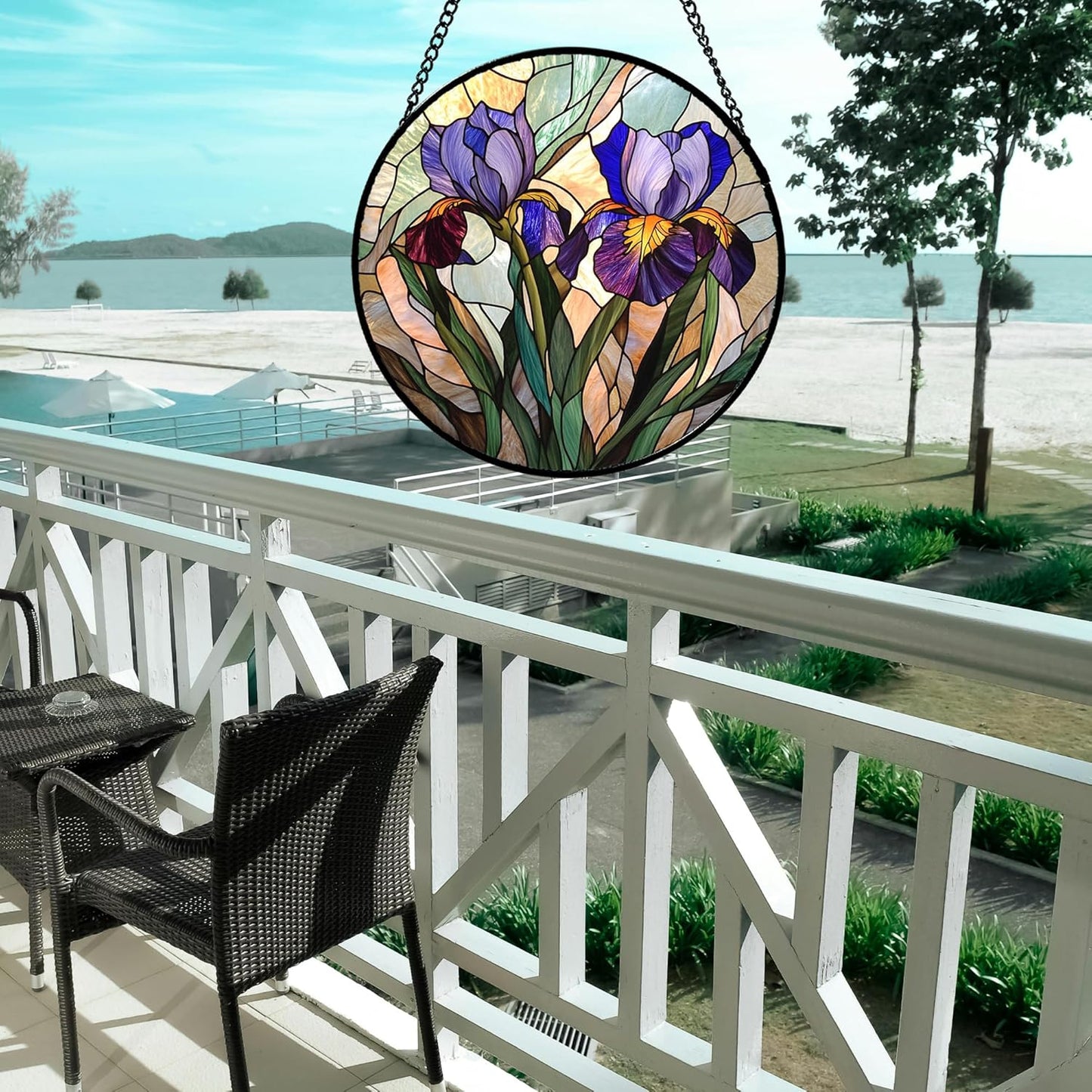 Stained Glass Window Hanging, Purple Blue Iris Birth Flower Suncatcher for Doors Garden Yard Sun Catchers Decor Christmas Mother's Day Birthday Gifts for Teacher Women Mom Nana Wife 6.3 in