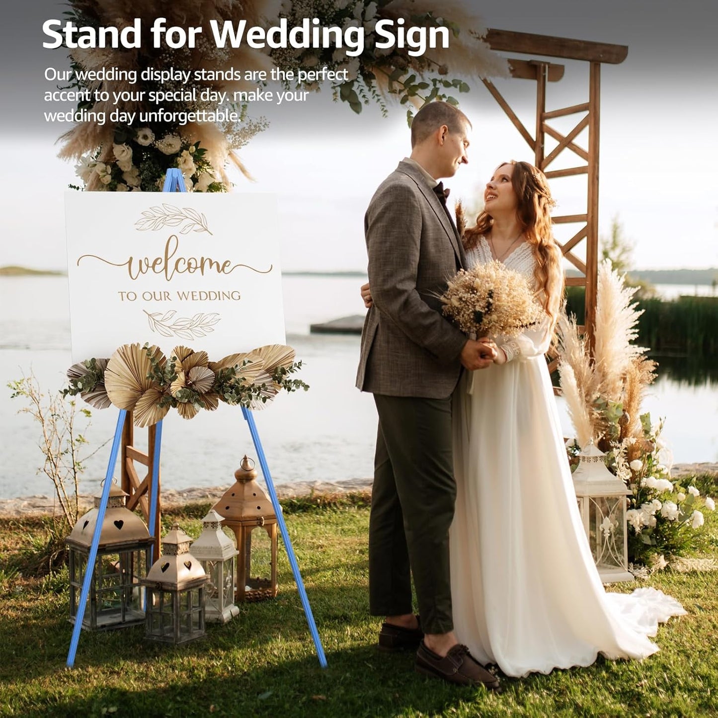 NianFeng Wooden Easel Stand for Sign, Easel Display Stand Floor for Wedding Sign with Adjustable Tray, 63-Inch, Tripod A-Frame Poster Light Duty, Welcome, Art Show & Baby Shower (Blue)