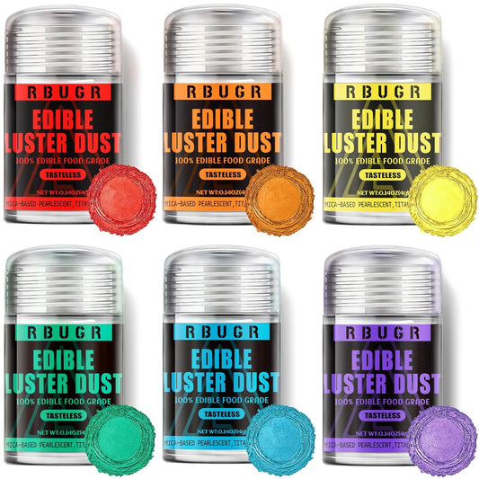RBUGR Edible Glitter Set, 6 Colors Edible Luster Dust, Food Grade Drink Glitter Edible Dust, Sprinkles Cocktail Glitter, Shimmering Powder Glitter for Fondant, Candy, Vegan Cake Decorating（4g/0.14oz）