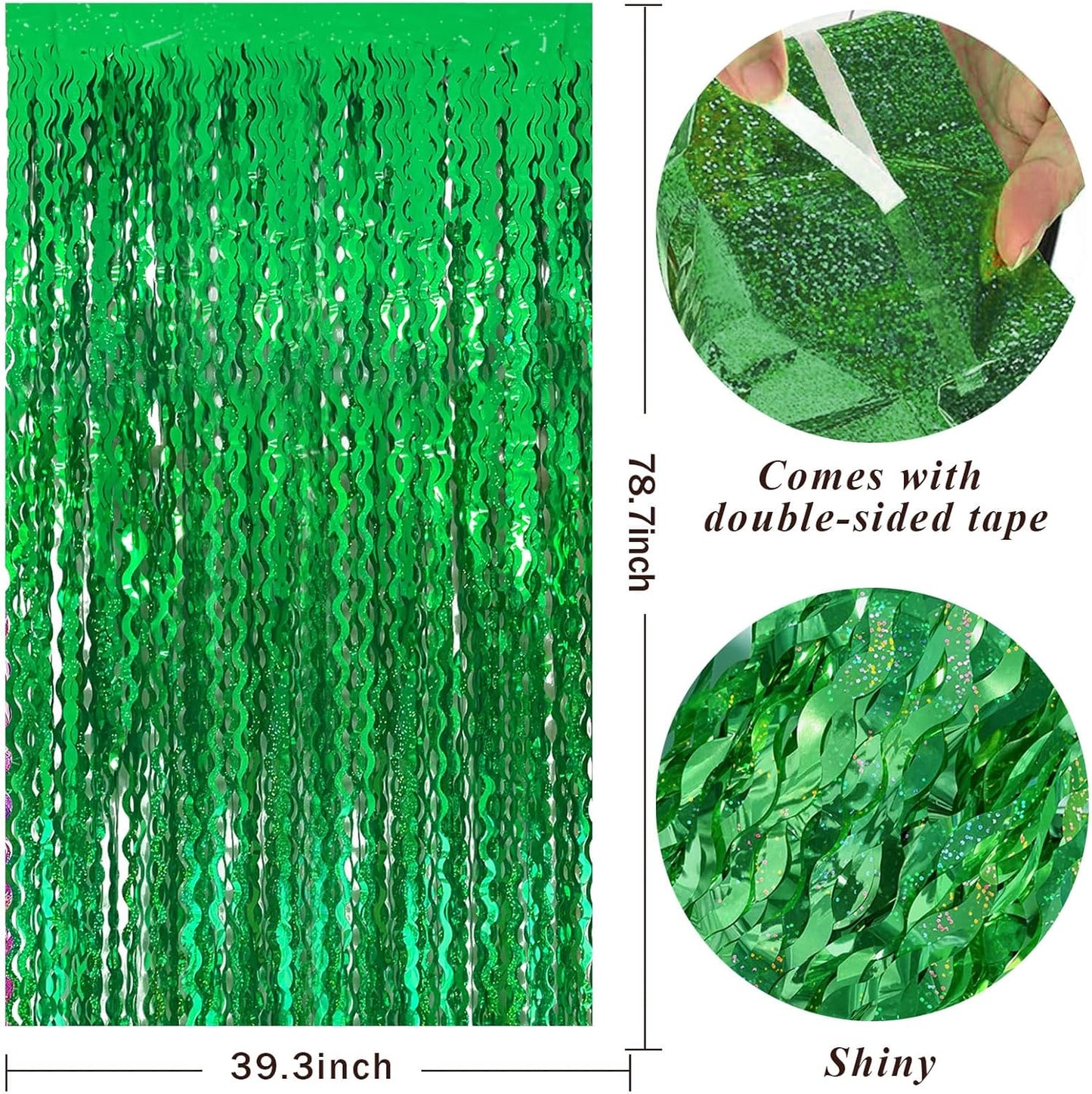 Green Tinsel Foil Fringe Curtains Wavy Backdrop for Parties Sparkle Metallic Wavy Foil Fringe Backdrop Curtain for Party Decorations Photo Booth Props for Birthday Graduation Wedding