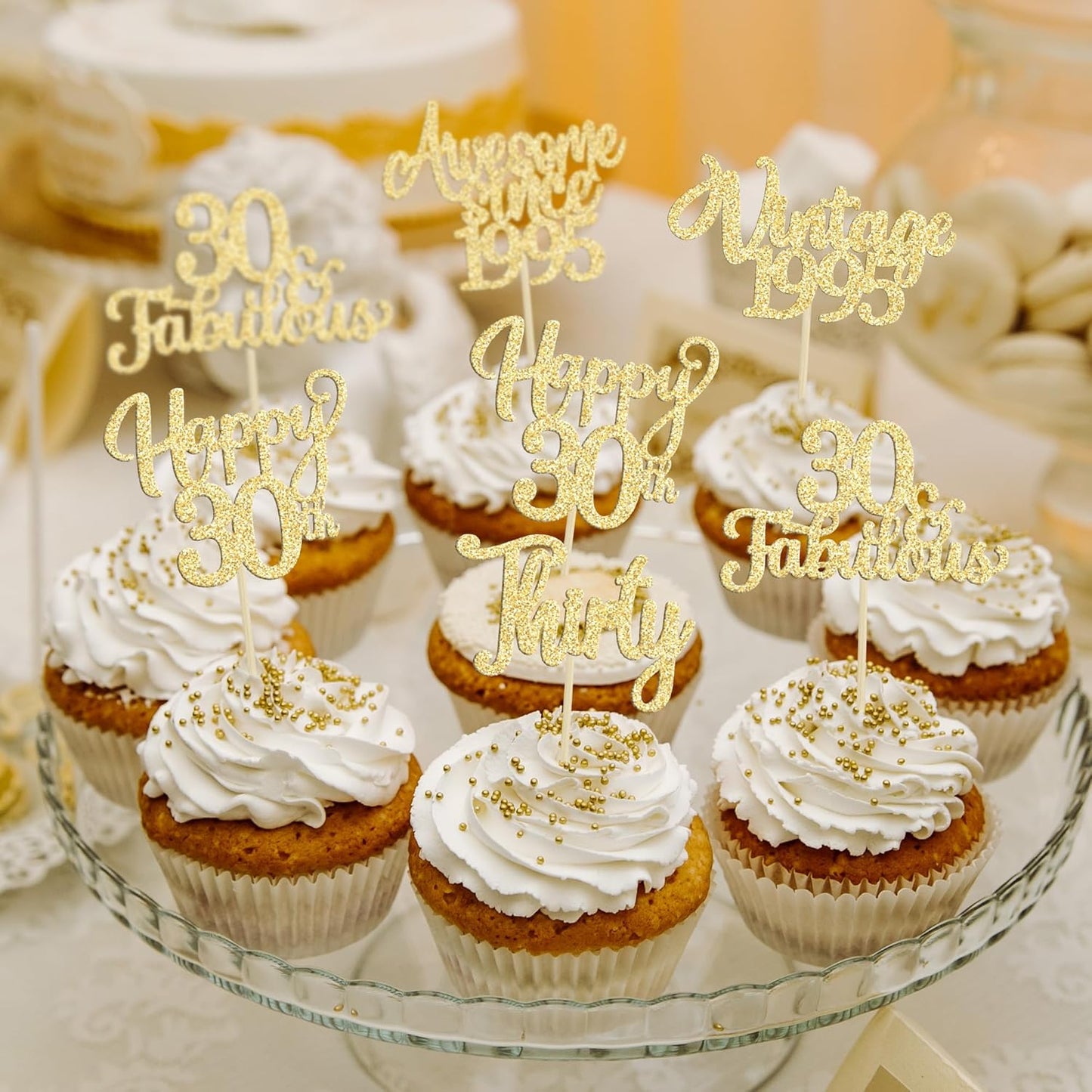 30Pcs Vintage 1995 Cupcake Toppers Glitter Thirty Happy 30th Birthday 30 Fabulous Cupcake Picks Cheers to 30 Years for 30th Birthday Wedding Anniversary Party Cake Decorations Supplies Gold
