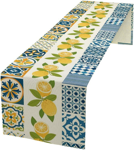 Lemon Table Runner,Watercolor Blue Fruits Green Leaves Print Table Cloth Kitchen Dining Table Home Party Decoration 13x108 Inch