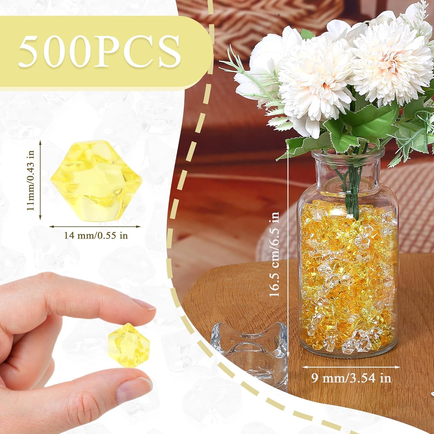 LAIDANLA 500PCS Mixed Yellow Acrylic Gems Vase Fillers Fake Ice Cubes Plastic Diamonds Fake Crushed Rocks for Centerpiece DIY Party Table Scatter Prop Wedding Decoration Accessories