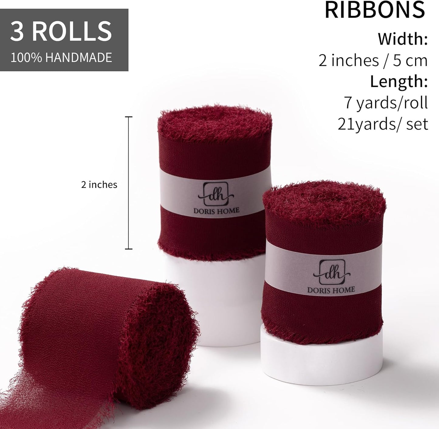 DORIS HOME Burgundy Chiffon Ribbon for Flower Bouquet, 2" x21Yd Fabric Ribbon for Gift Wrapping, Handmade Frayed Ribbon for Wedding, Chiffon Silk Ribbon for Christmas Decorations