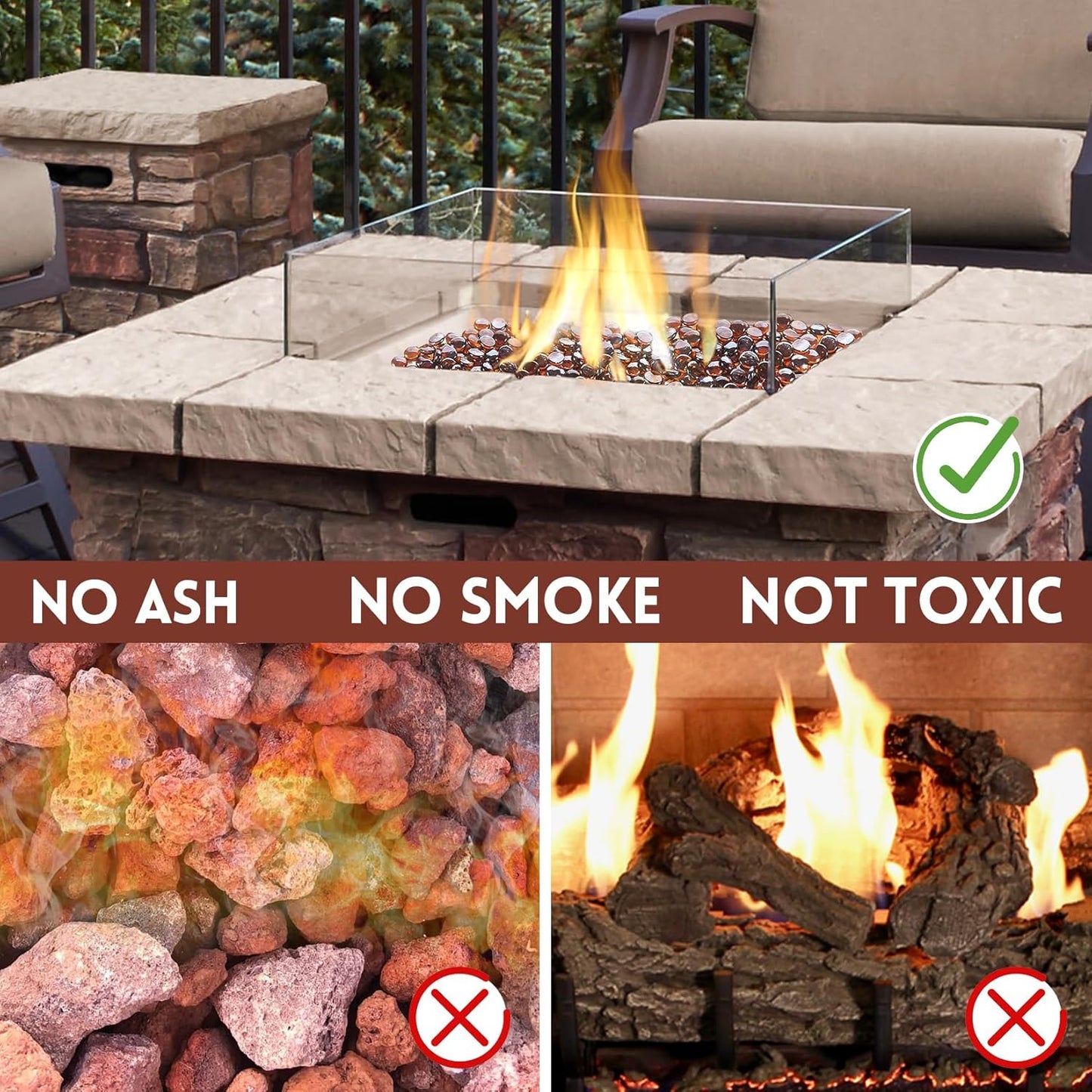 Fire Glass Rocks, Amber Beads for Propane Fire Pit, Fireplace and Outdoor Decorative. 3/4 High Luster 10LB Round Firepit Glass