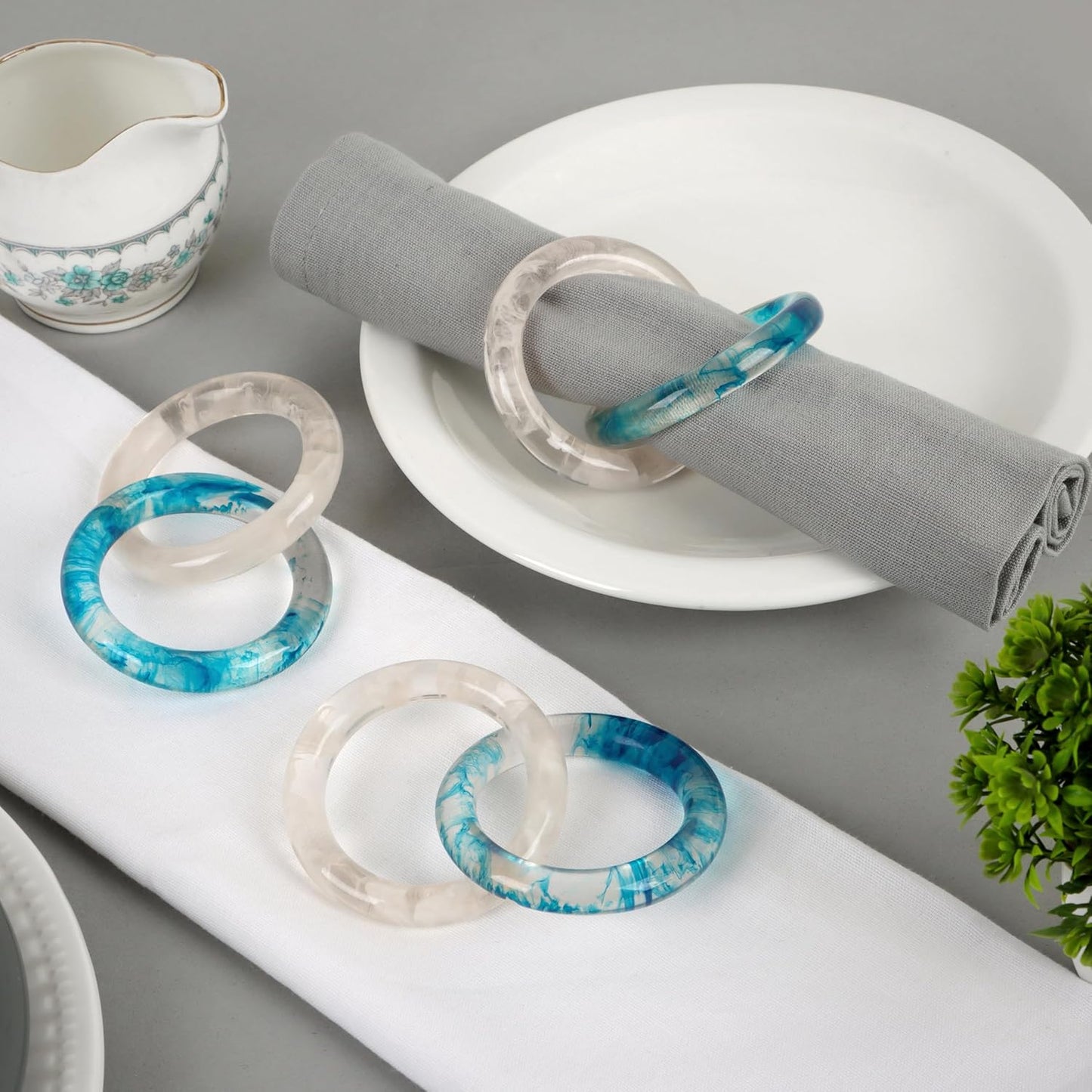 Set of 8 Epoxy Resin Napkin Ring - Interlocked Handmade Farmhouse Table Decor for Dining, Weddings, Holidays - Durable Elegant Napkin Holders for Special Occasion Blue Opaque - CLEENTABLE