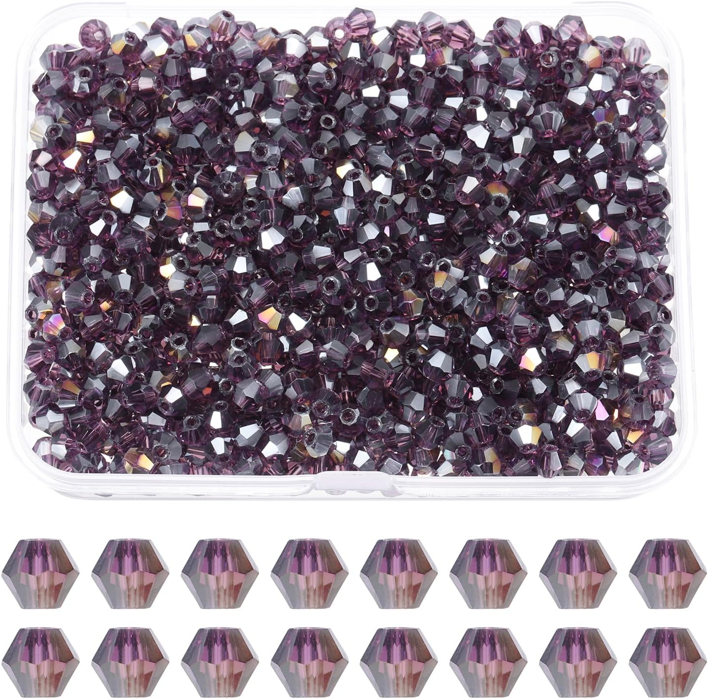 PATIKIL 1000pcs 4mm Bicone Glass Crystal Beads, Faceted Glass Spacer Beads with Box for Jewelry Making Bracelet Necklace Earrings DIY Suncatcher Craft, Violet AB