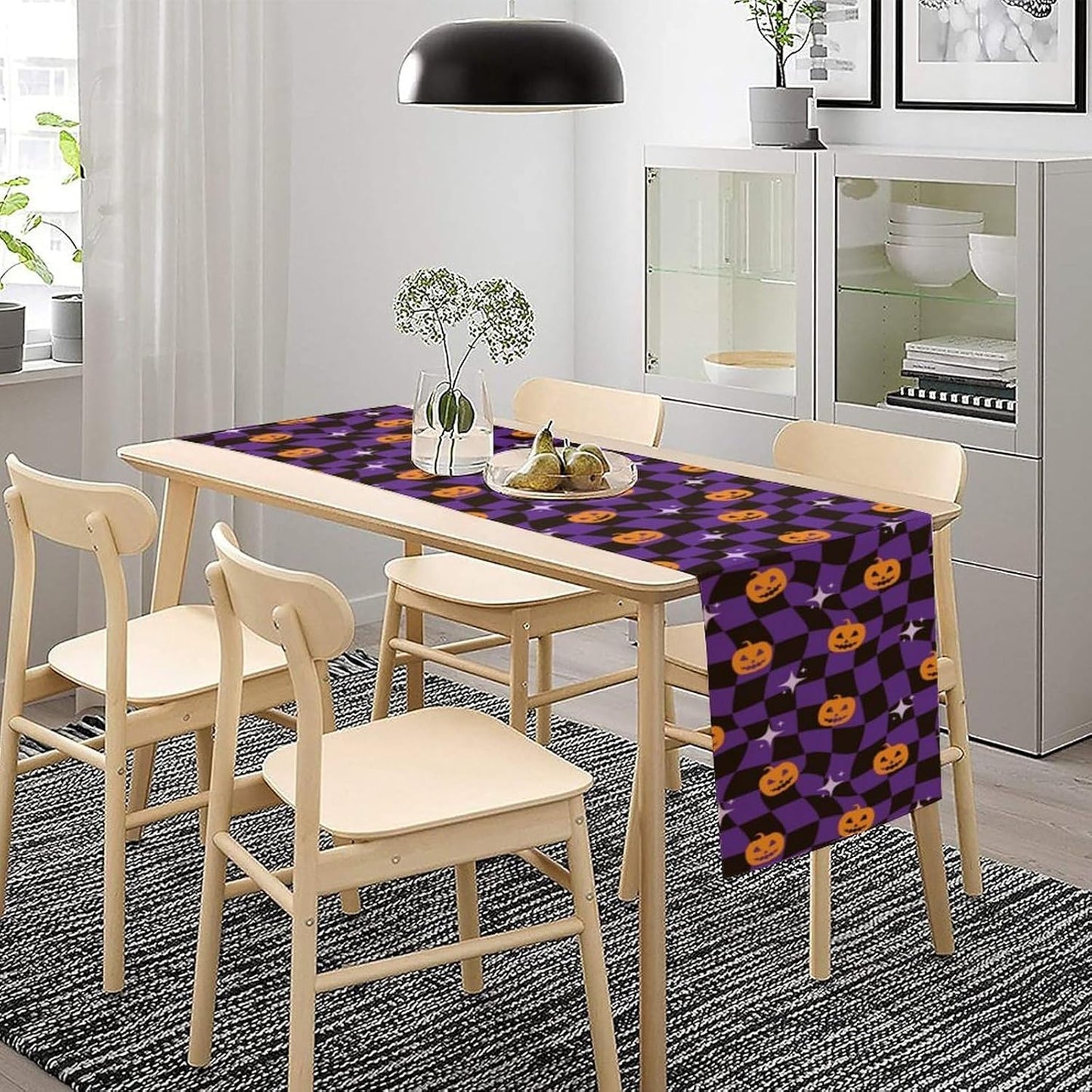 Halloween Table Runner,Purple Checkered Pumpkin Table Runner for Kitchen Dining Table Decoration Home Party Decor 13x36 Inch