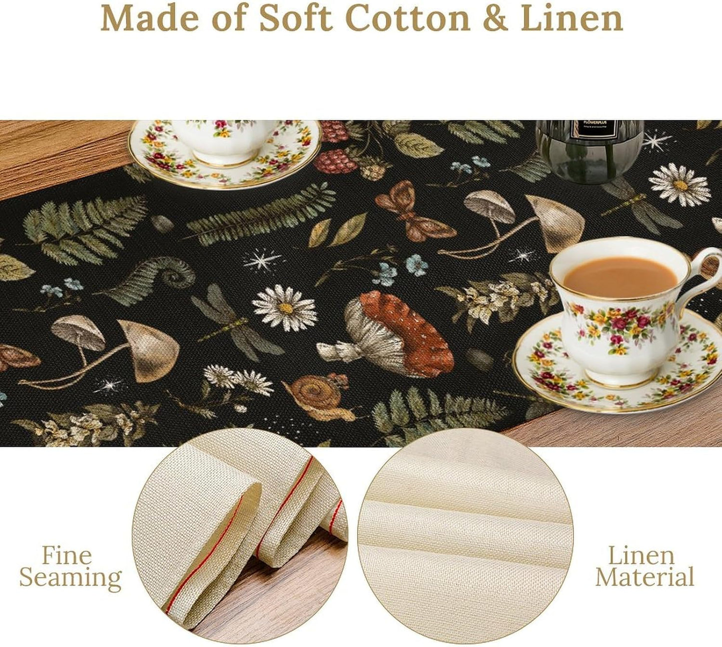 Mushroom Table Runner,Retro Forest Plant Table Runner for Kitchen Dining Table Home Party Decoration 13x120 Inch