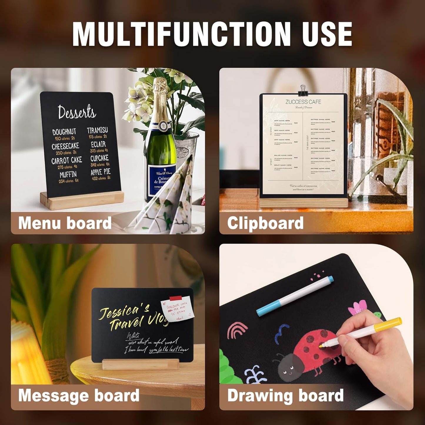 SELEAD Small Chalkboard Words Sign - 3 Pack 6x8 Inch Tabletop Decorative Chalk Board with Wooden Stand, Mini Double-Sided Erasable Message Menu Board for Food, Business, Wedding, Party