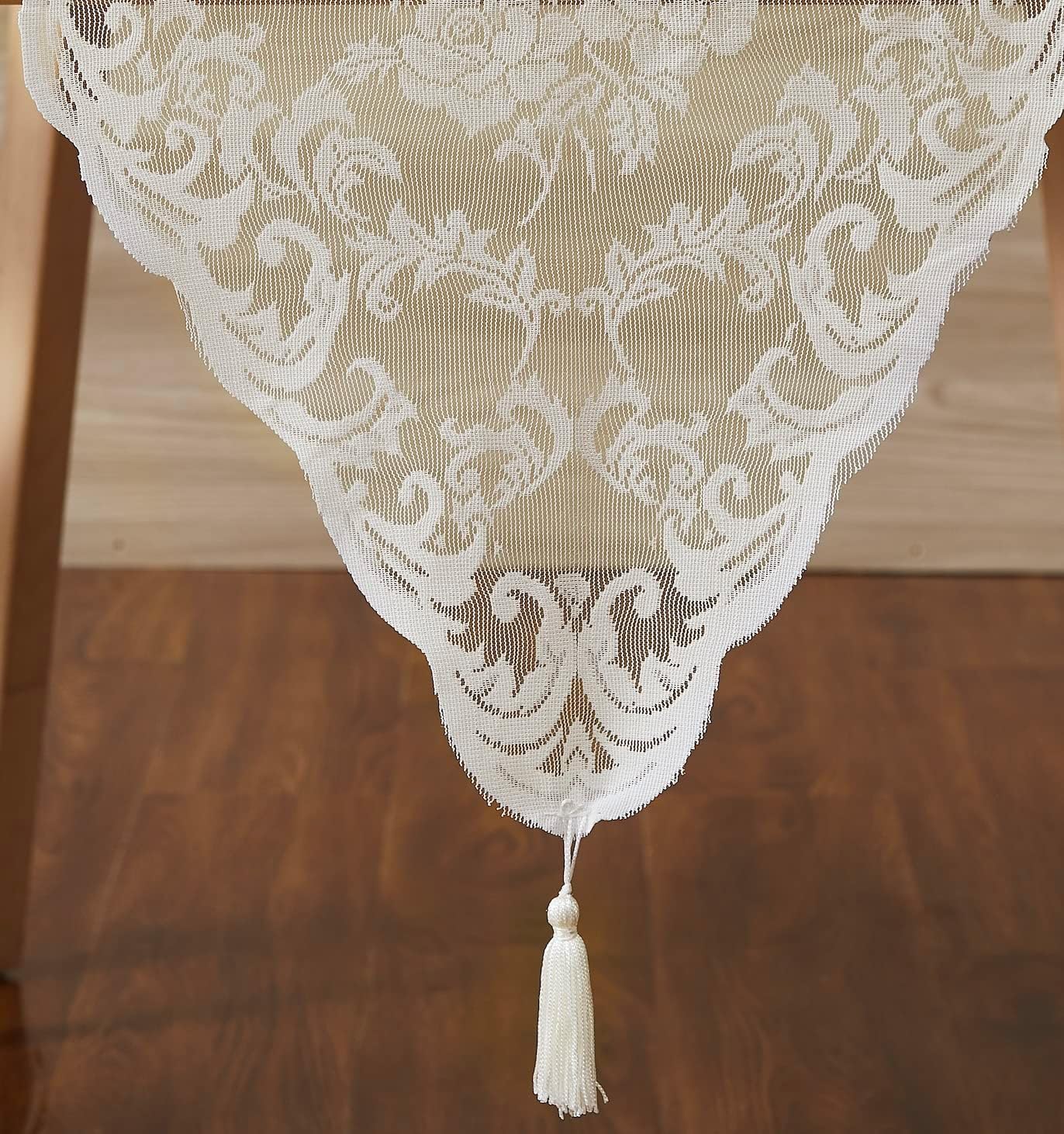 LinenZone Ivory Table Runner with 2 Tassels for Rustic Vintage Decor. Lace Table Runner Works Great As Wedding, Thanksgiving, Christmas Decor (Mia 14 x 48, Ivory)
