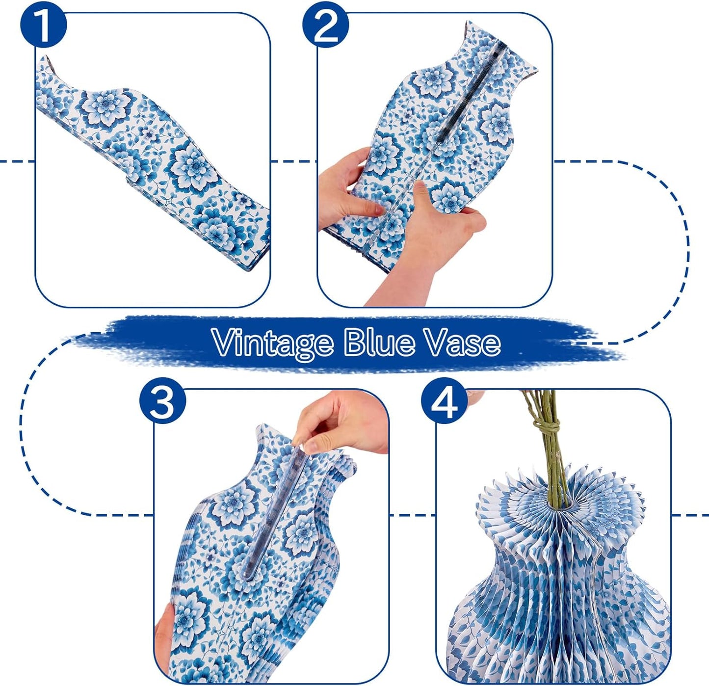 Blue and White Paper Honeycomb Vase, 11.6 Inch Foldable Decorative Vase with Magnetic Closure, Chinoiserie Décor Vase, Reusable Table Centerpiece for Home Decor, Party Decorations