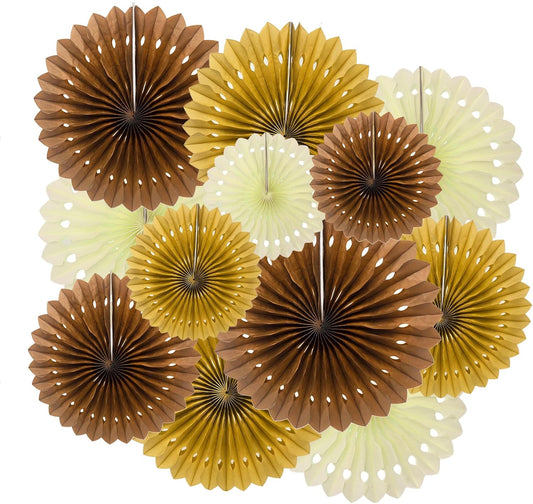 ZOOYOO Hanging Paper Fans Party Decorations,12 Pcs Brown Honeycomb Round Fans,Ceiling Decor for Birthday,Wedding,Graduations,Thanksgiving,Boho Party Backdrop