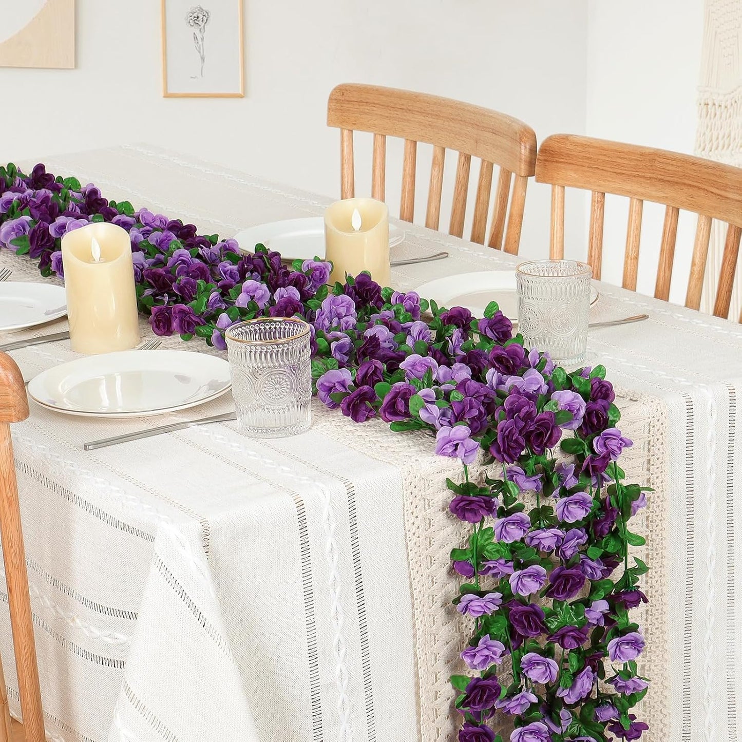 KHOYIME 18 Pack 144 FT Artificial Flower Garland, Fake Purple Roses Vines Silk Flowers Faux Plastic Outdoor Hanging Floral Ivy Garland Decoration for Wedding Arch Bedroom Home Wall Backdrop Room Decor