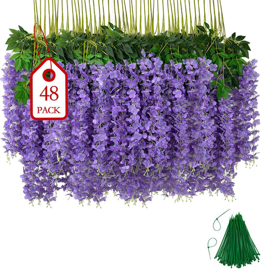 48 Pcs of Wisteria Hanging Flowers, 3.75 Feet Fake Wisteria Flower Strings, Artificial Wisteria Flowers Hanging Garland for Backdrop, Wedding, Ceremony,Garden and Home Wall Decoration (Light Purple)