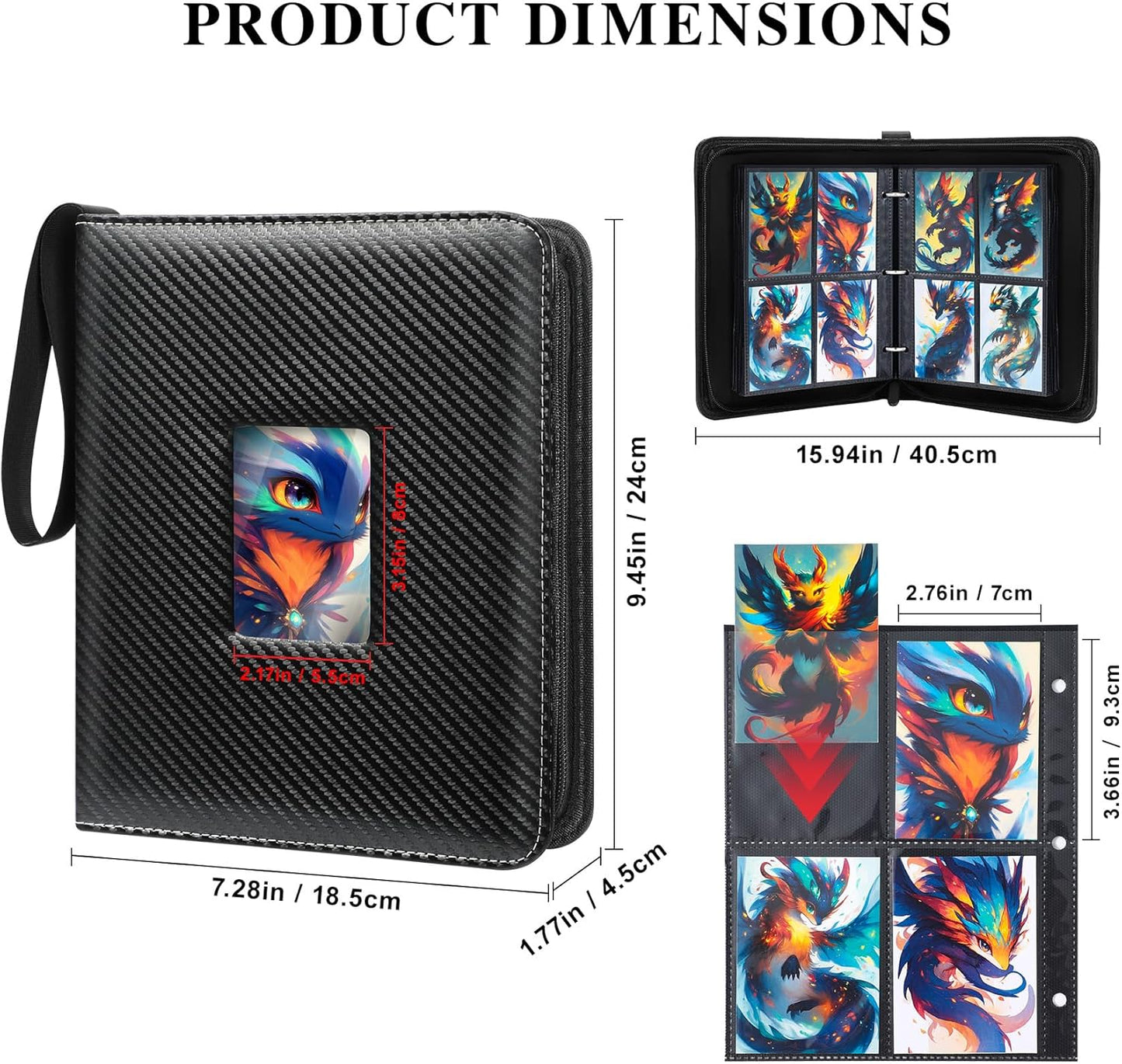 Trading Card Binder 4 Pocket with Display Window, 400 Cards Capacity Card Binder, Waterproof PU Leather Photocard Baseball Card Binder for MTG, TCG, Sports Cards, Black w/Clear Display Window