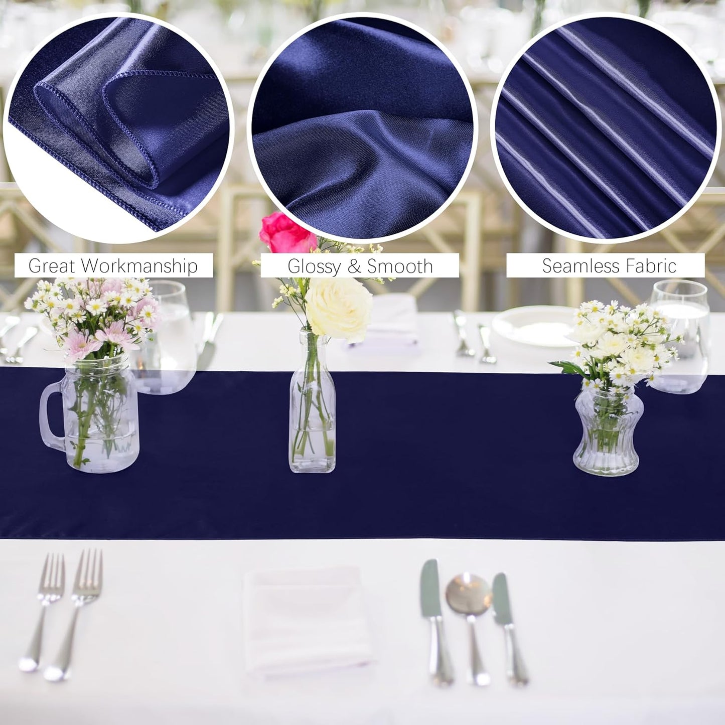 Aneco 16 Pack Satin Table Runner 12 x 108 Inch Navy Blue Long Wedding Satin Silk Table Runner for Wedding Banquet Graduations Birthday Party Decoration