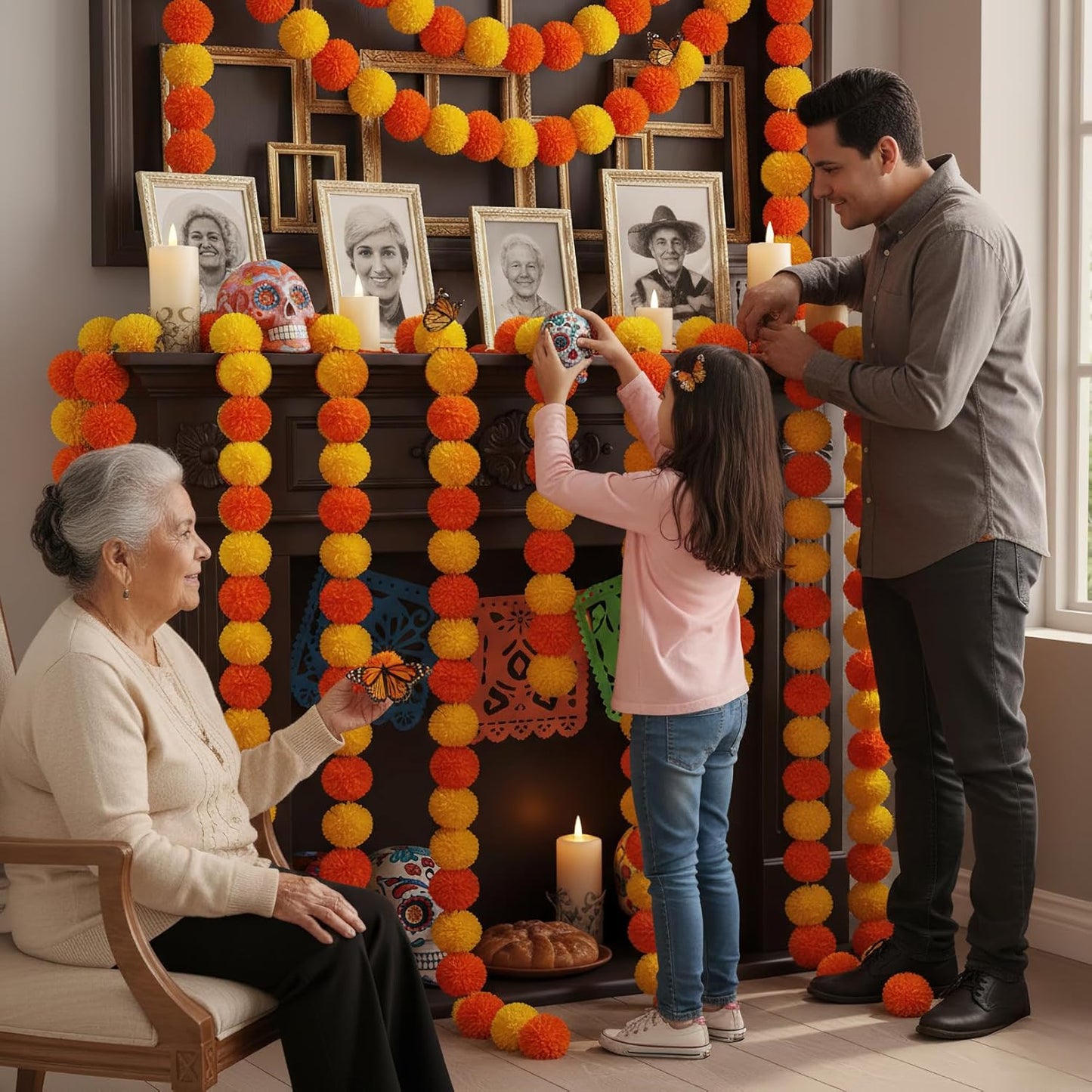 Marigold Garland for Decoration 5 Packs × 5ft Artificial Marigold Garlands Vibrant Orange Yellow Faux Flowers Includes 10 Butterfly Accents for Diwali Pooja Wedding Indian Decor
