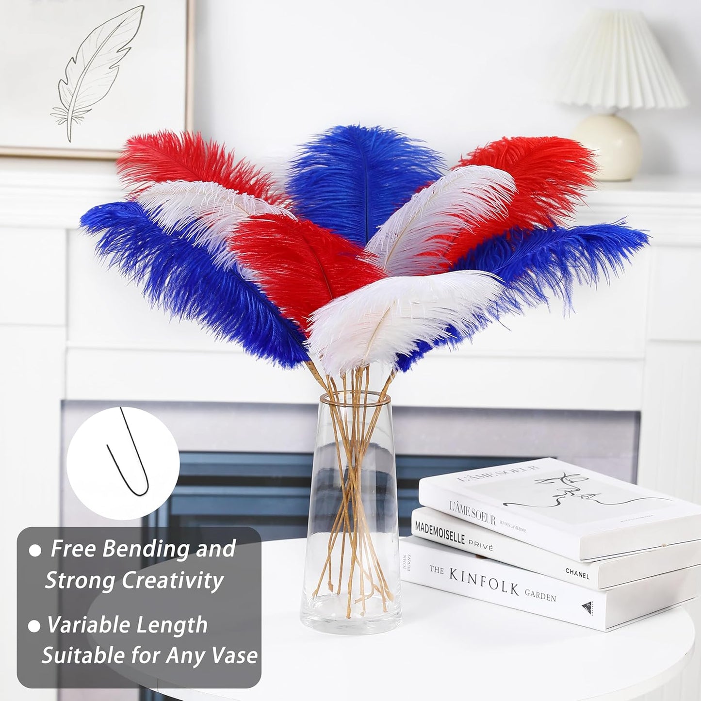 Holmgren Red White and Blue Ostrich Feathers - 20pcs Making Kit 22 Inch 4th of July Decor Ostrich Feathers Bulk for Vase, Floral Arrangement, Wedding Party Centerpieces and Home Decorations