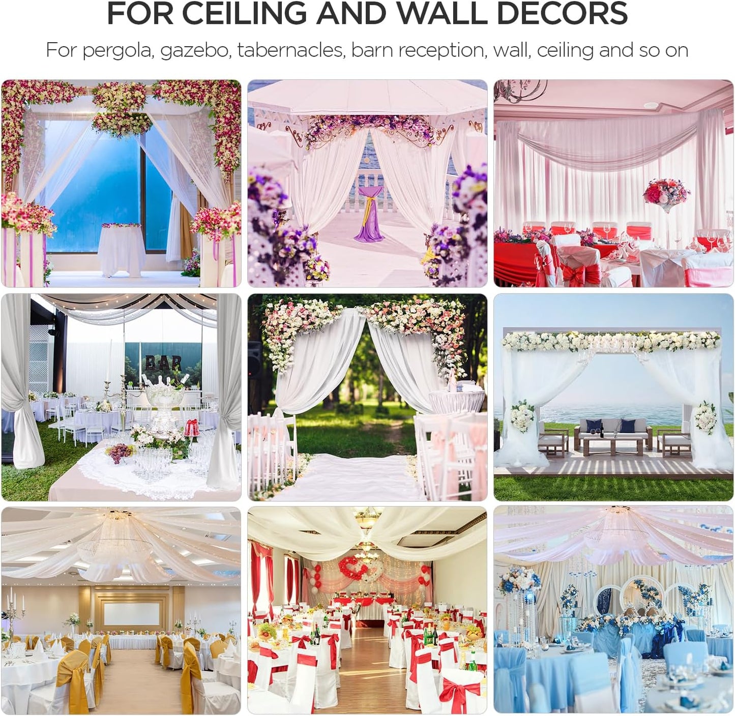 boldworks Ceiling Drapes Hanging Kit for Weddings Tent Bedroom Draping Parties Decoration White Fabric Includes Hoop Ring Set 5ft x 10ft Pack of 6