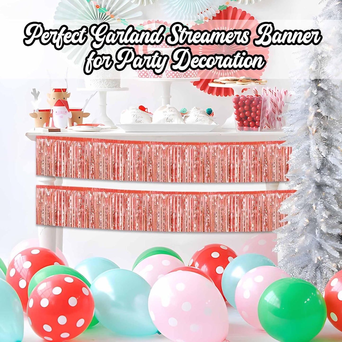 4 Pack 10 Ft Rose Gold Foil Fringe Garland Metallic Streamers Tinsel Banner Wall Hanging Garland Backdrop for Parade Floats, Halloween, Christmas, Thanksgiving, New Year Party Decorations