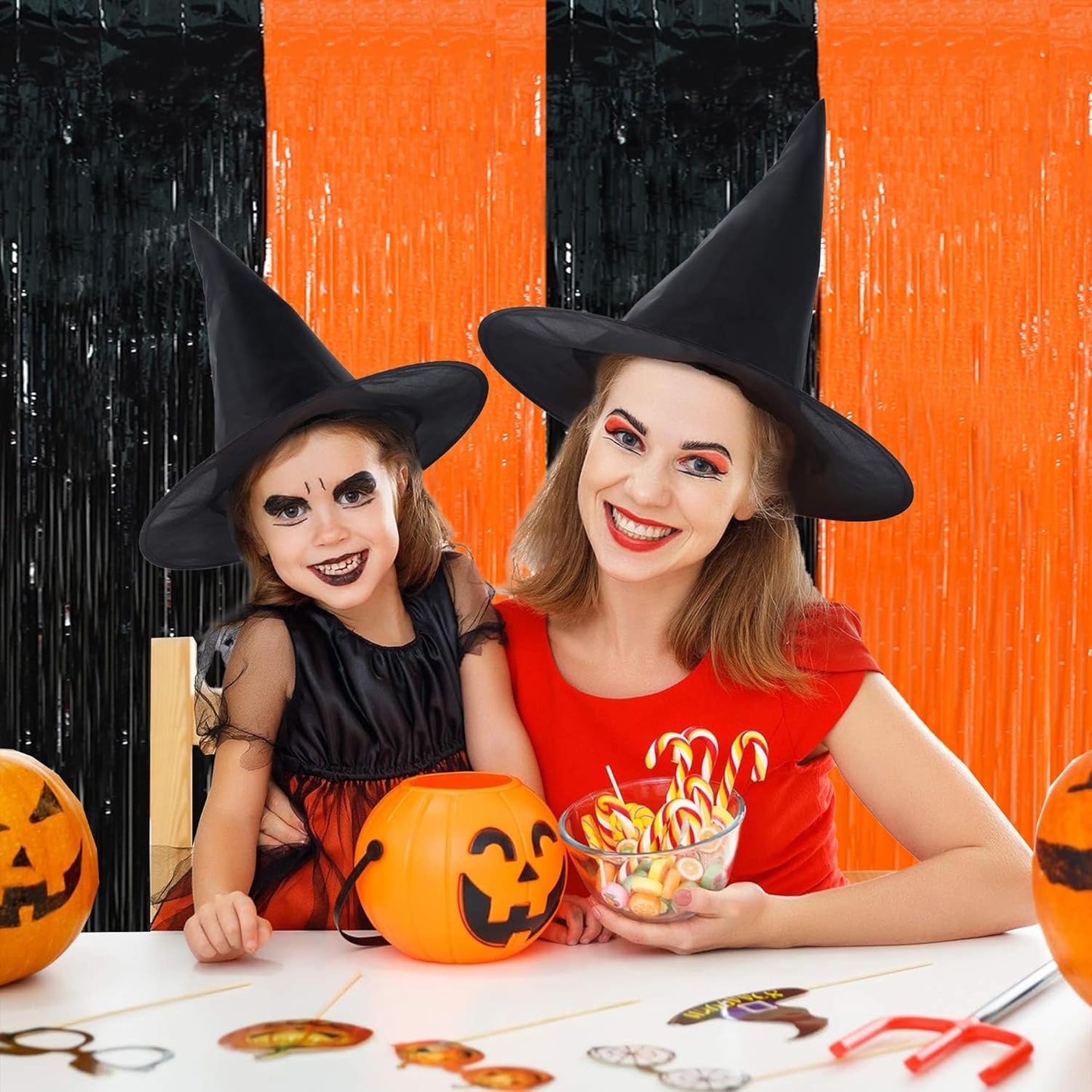 BEISHIDA 2Pcs Orange Black Door Streamer Happy Halloween Backdrop Pumpkins Foil Fringe Tinsel Horry Party Curtains Backdrops for Horry Party Hallowen Decoration (3.28 ft x 6.56 ft)