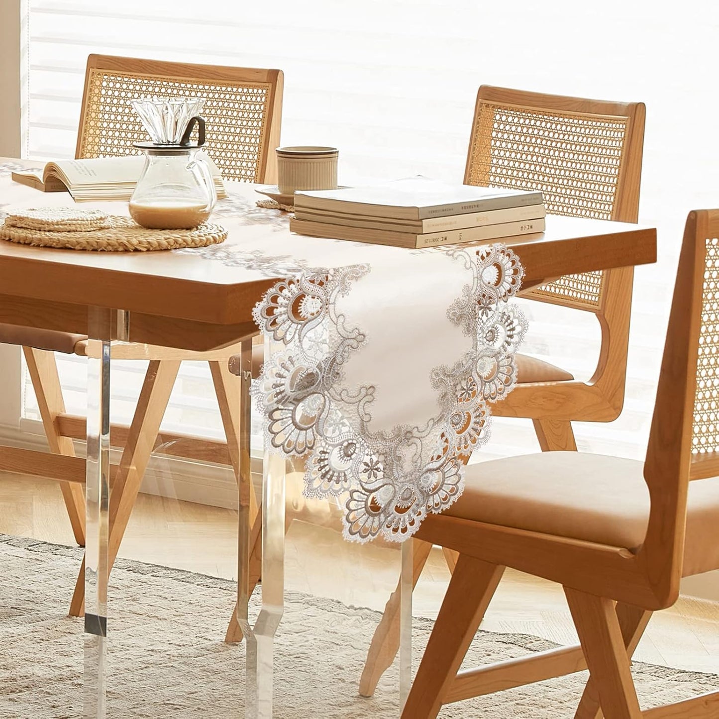 Vintage Lace Dining Table Runner, Small Macrame Coffee Table Runners 48 inches Long for Kitchen Home Christmas Party Decorations (16x48 inch, Off White)