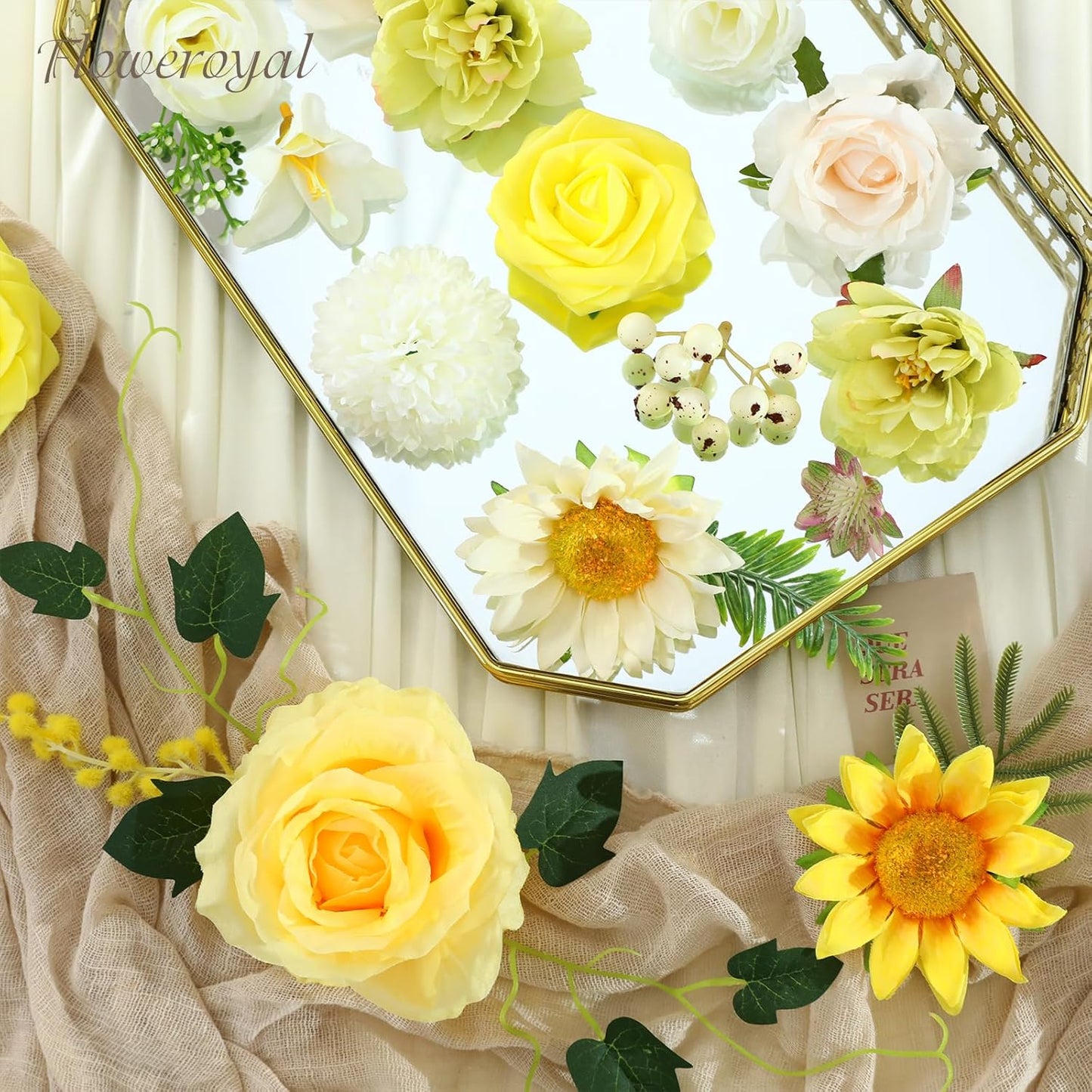 Floweroyal Artificial Flowers Combo Yellow Flowers Mix Silk Flowers Fake Roses with Stems for DIY Wedding Bridal Bouquets, Baby Shower, Floral Arrangement, Table Centerpieces, Home Decorations