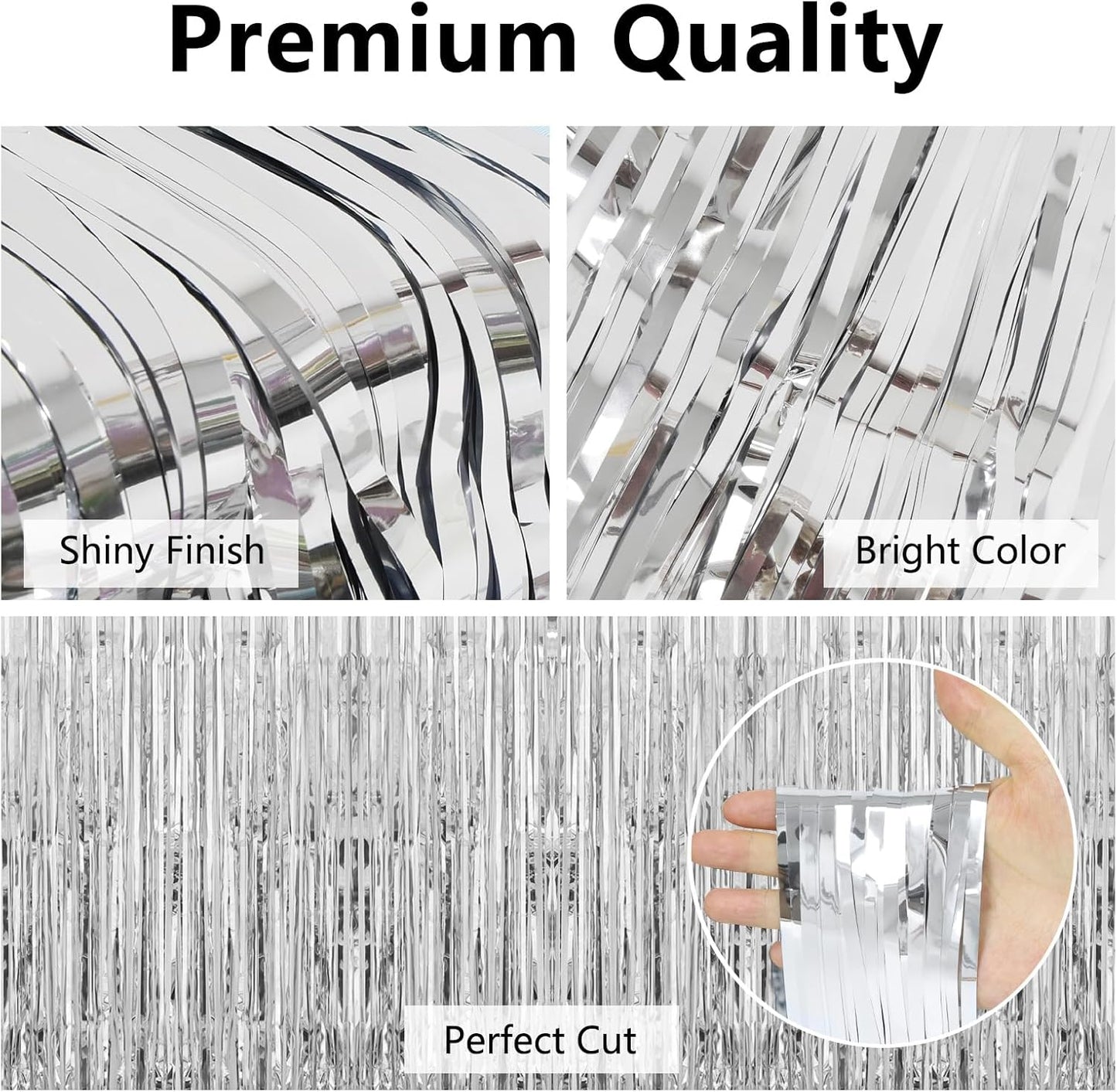 Silver Streamers Party Decorations - Thicken 4 Pack 3.2 x 8.2 FT - Black Tinsel Foil Fringe Backdrop Curtains, Photo Booth Props for Birthday, Graduation, Bachelorette, Prom, Engagement, Disco Party