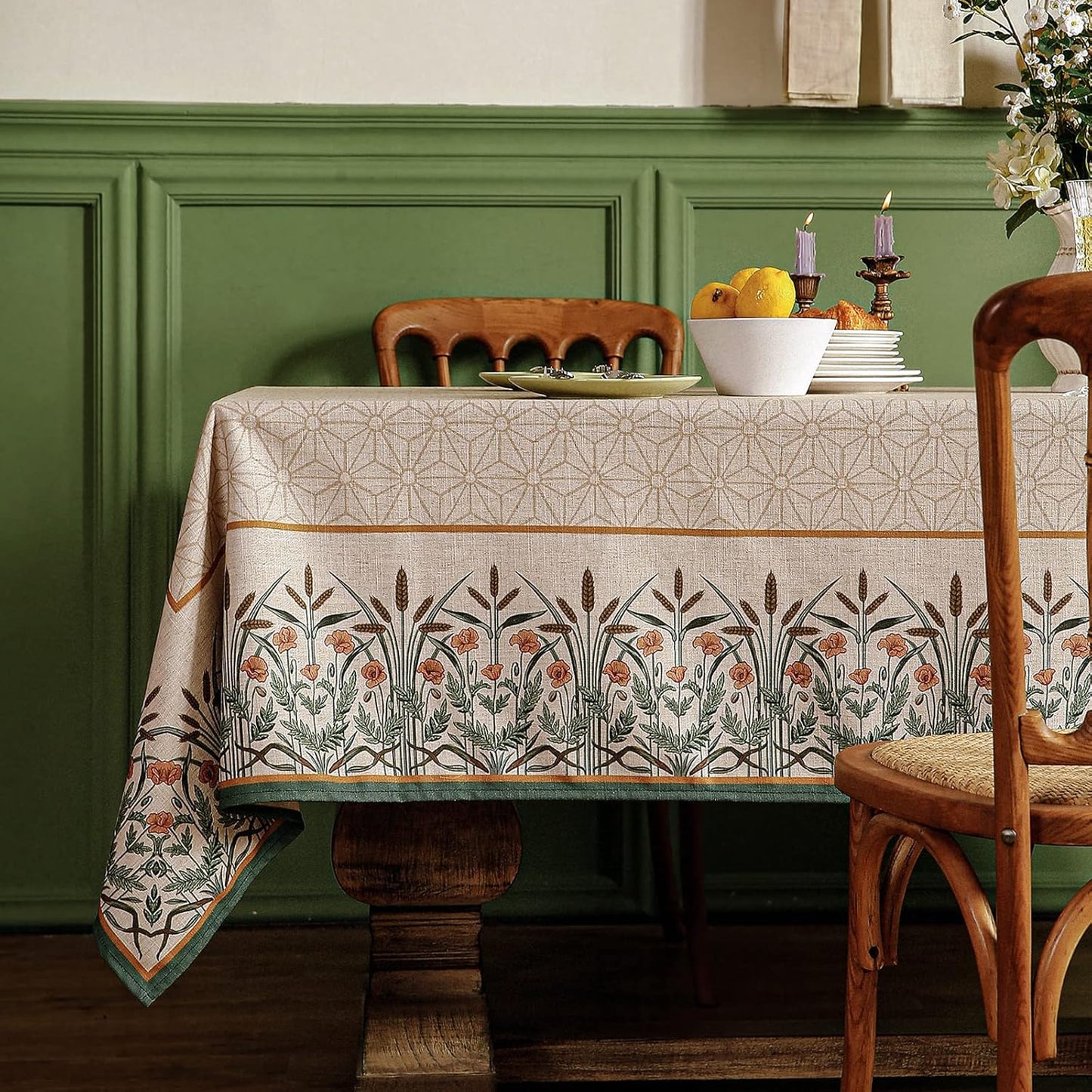 patdrea Designer French Light Brown Rectangle Table Cloth,Linen Floral Durable Breathable Tablecloth,Decorative for Kitchen Dining,Parties,Tea Party,Christmas,Thanksgiving,55"x79"-Cudillero