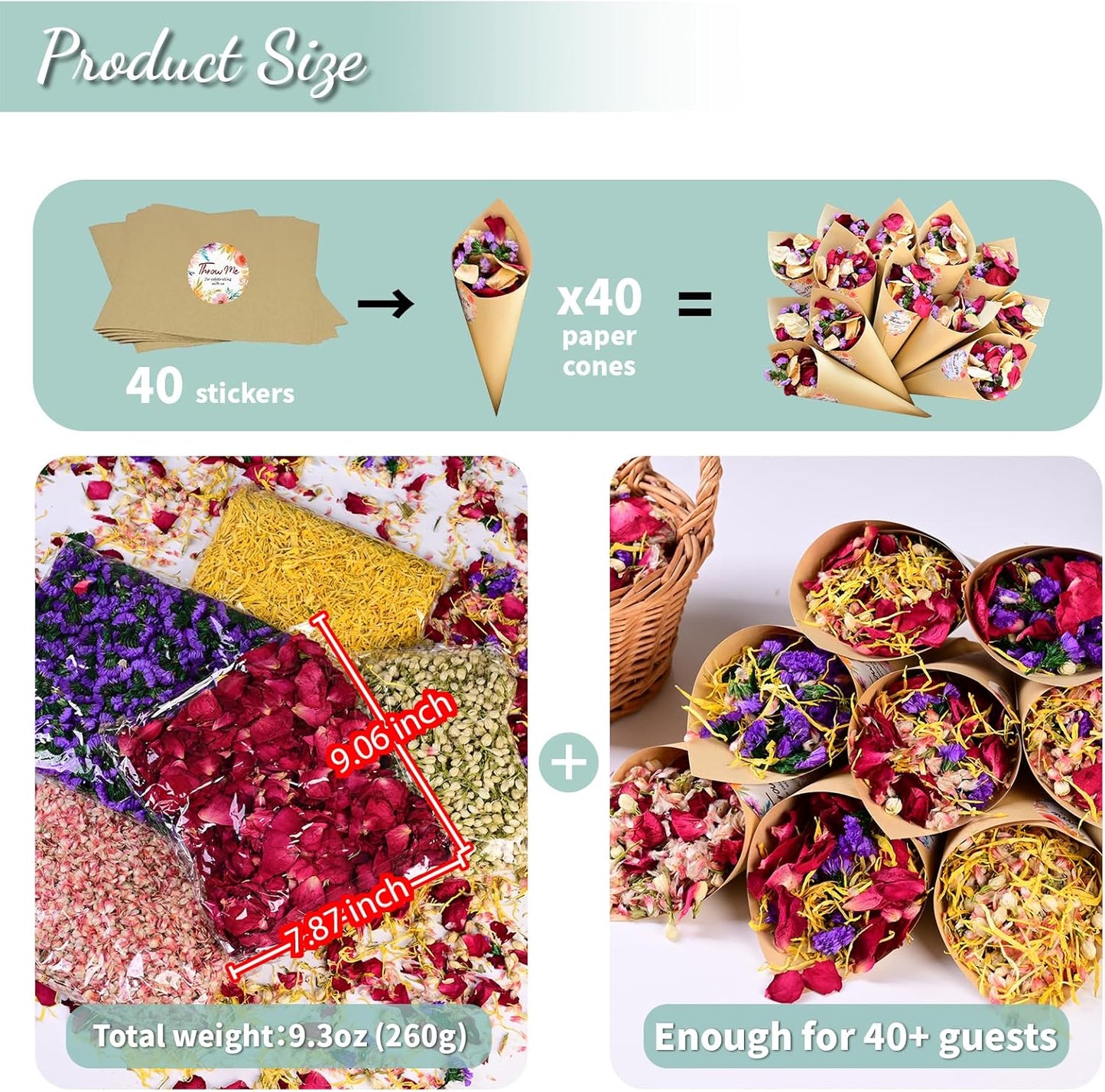 40+ Cups 9.3oz Real Biodegradable Flower Petal Wedding Confetti, 5 QT 5 Kinds Colorful Mixed Petal Confetti with Dried Rose Petal & Jasmine Buds, DIY Wedding Decor for Flower Girl Bridal