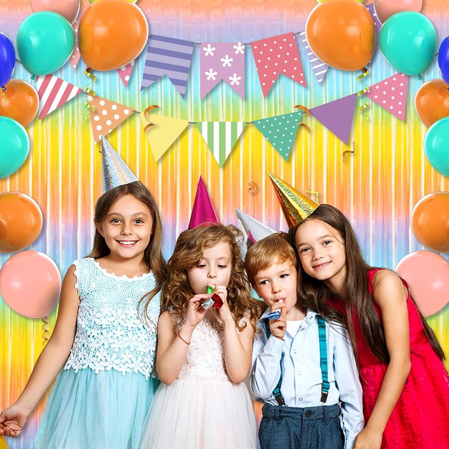 6 Pack Light Rainbow Foil Fringe Curtains Backdrop, 3.28 x 8.2 Ft Metallic Streamers Tinsel Curtains Background for Photo Booth, Birthday, Weddings, Carnivals, Graduation, Themed Party Decorations