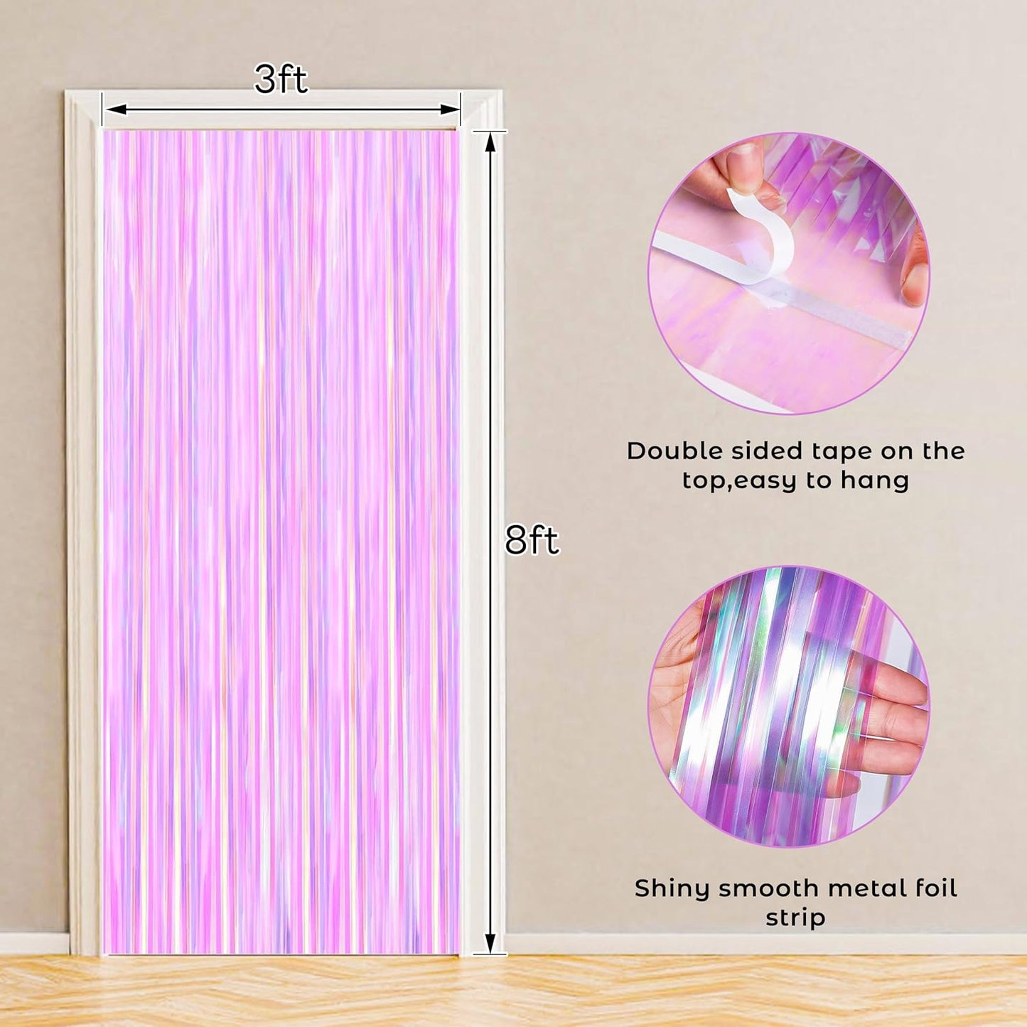 BTSD-home 4 Pack Iridescent Transparent Purple Foil Fringe Curtain, Metallic Photo Booth Tinsel Backdrop Door Curtains for Wedding Birthday Baby Shower Bachelorette Party Decorations(8ft x 3ft)