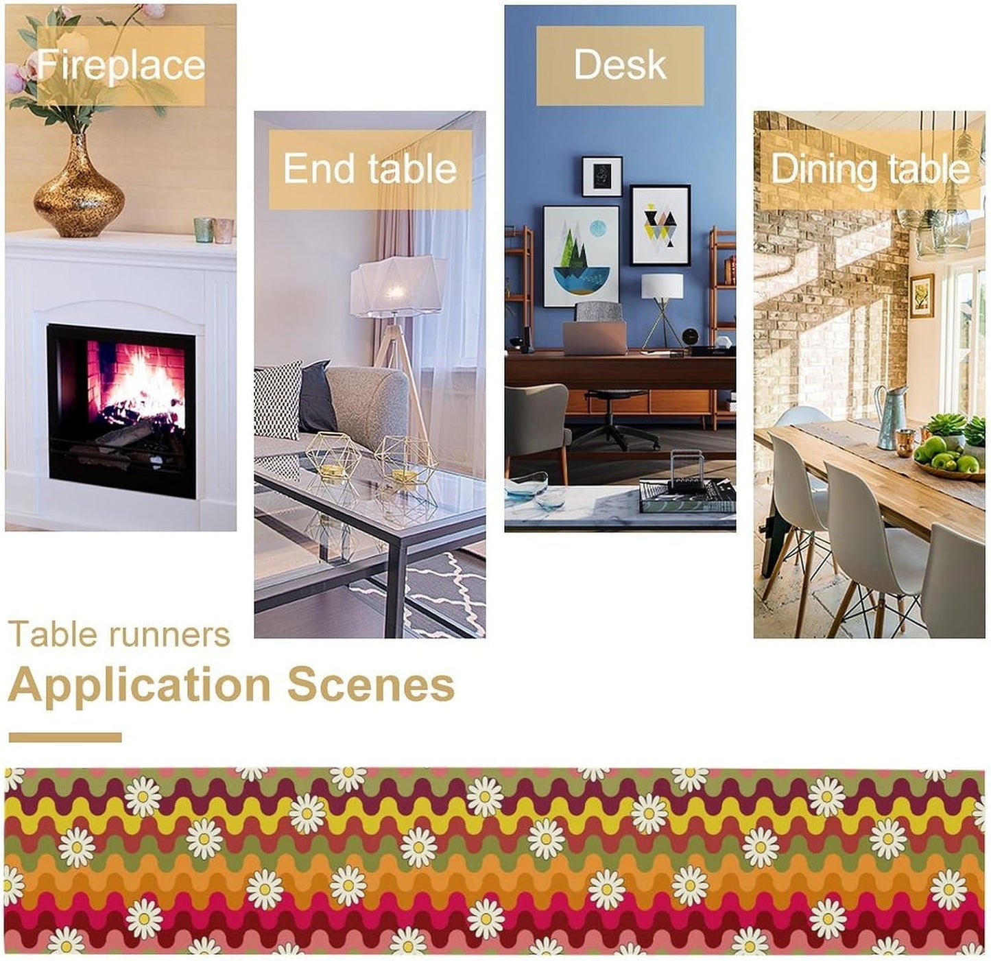 Vintage Floral Table Runner,60s 70s Colorful Retro Abstract Hippie Print Table Runner for Kitchen Dining Table Home Party Decoration 13x108 Inch