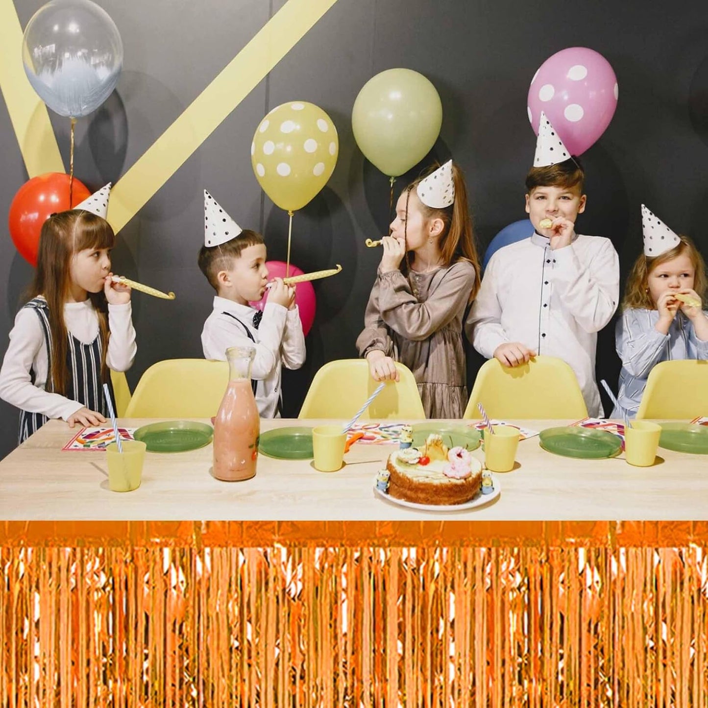 3 Pack Orange Foil Fringe Table Skirts Metallic Tinsel Streamers Garland Banner Backdrop for Table Decor, Parade Float, Birthday, Wedding, Halloween, Christmas Party Decorations(29x108 In)