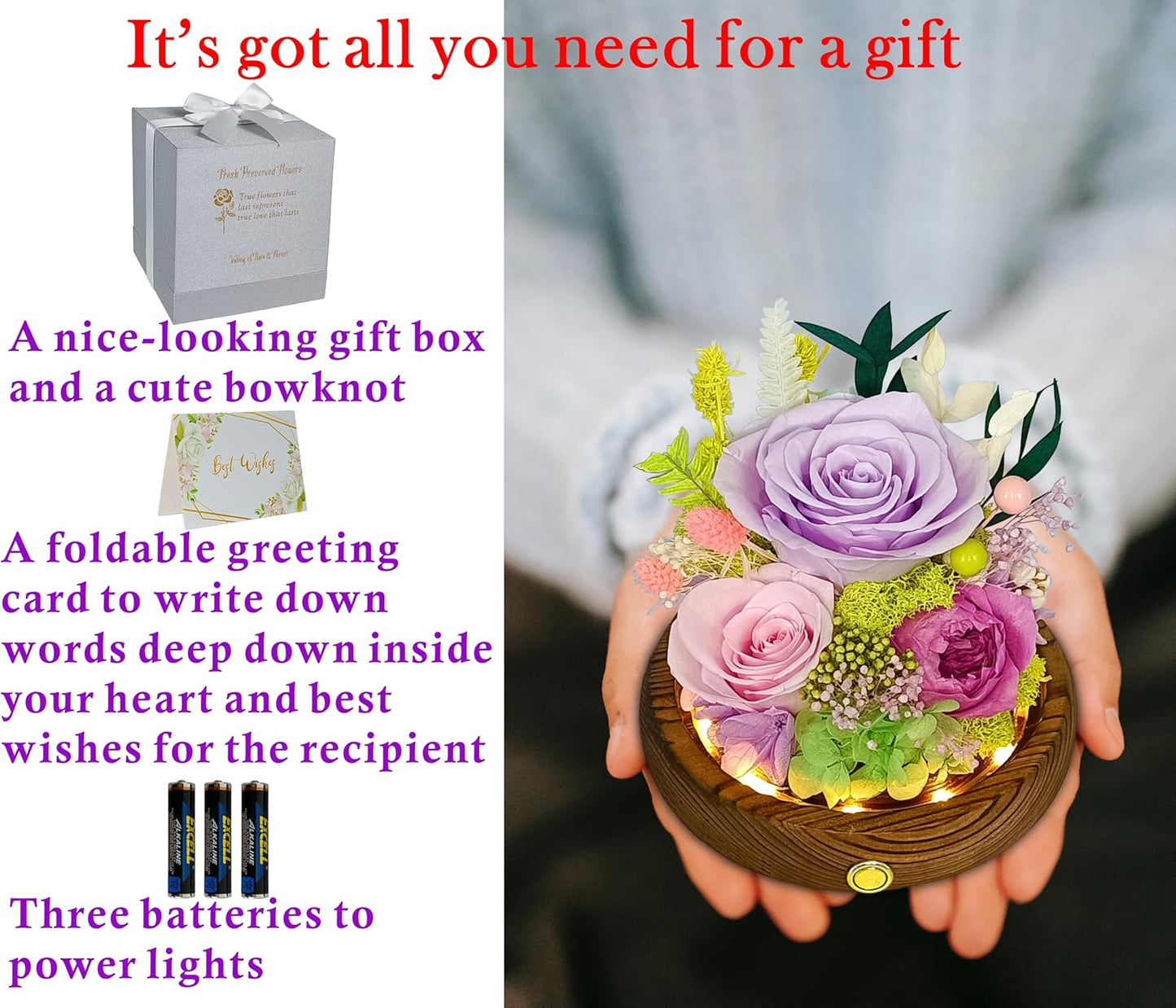 Valley of Rain & Forest Long-Lasting Real Flowers, Unique Floral Gift For you to send Love for All Occasions, for Indoor Decoration (Light-Purple Rose, Light-Pink & Purple-Pink Austin Roses)