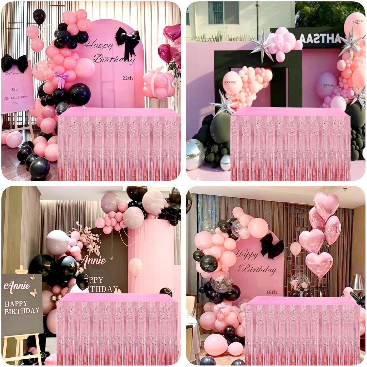 Pink Streamers Party Decorations, 2 Packs Pink Table Skirts Metallic Foil Fringe Tinsel for Birthday Bachelorette Girl Baby Shower Fiesta Float Parade Graduation Party Supplies -29x108Inch