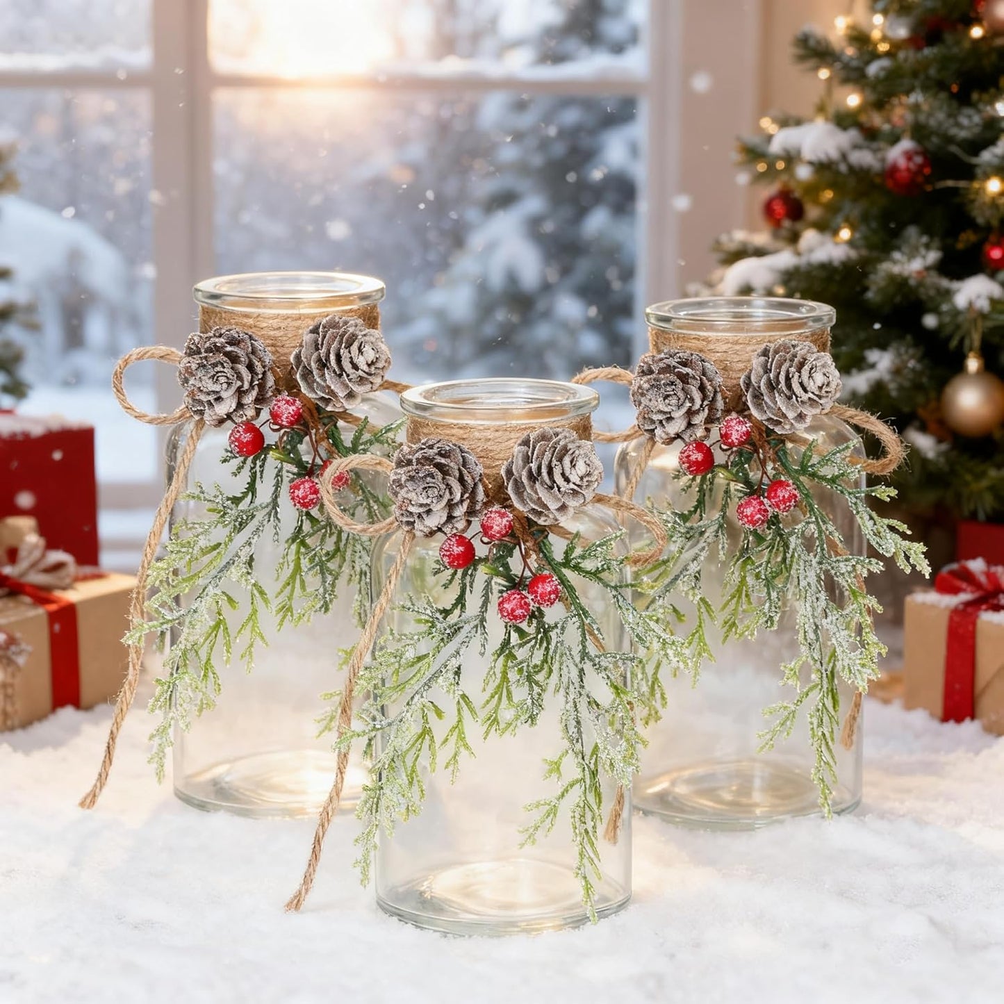 Set of 12 Xmas Decor Vases Christmas Centerpieces for Tables Farmhouse Holiday Table Decor Clear Glass Vases with Twine Ties for Christmas Decorations