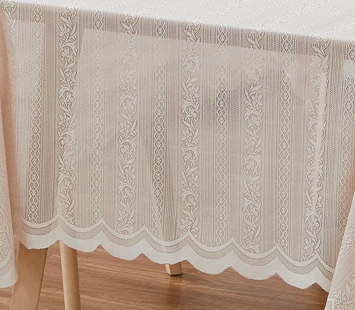 LinenZone Lace Round Tablecloth with Elegant Scalloped Bottom for Any Special Event Such as Wedding, Birthday Party, Baby Shower, Anniversary. Sits 6 to 8 People. (Linda 90 Round, Linen)