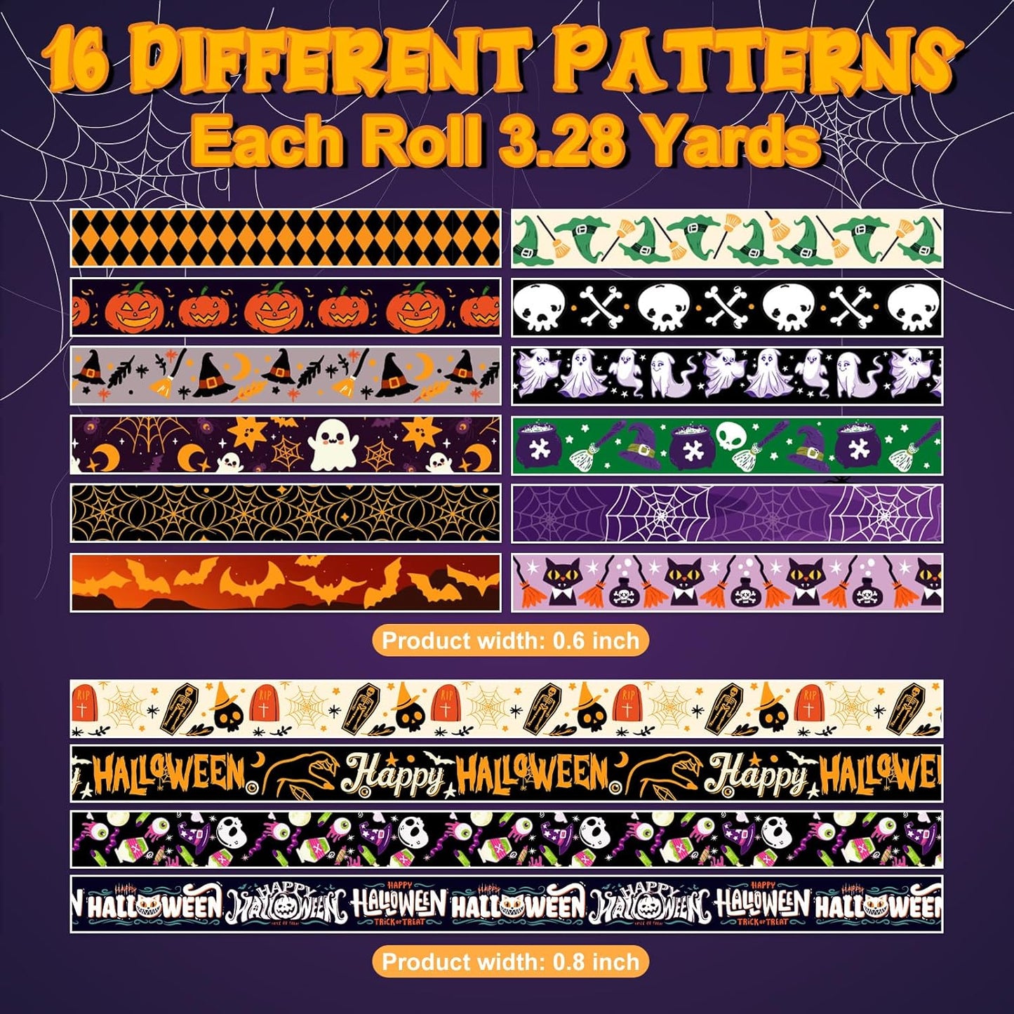 16 Rolls Halloween Washi Tape Holiday Masking Tape Stickers Glod Foil Decorative Tape for Scrapbook Journal DIY Craft Gift Wrapping（Halloween