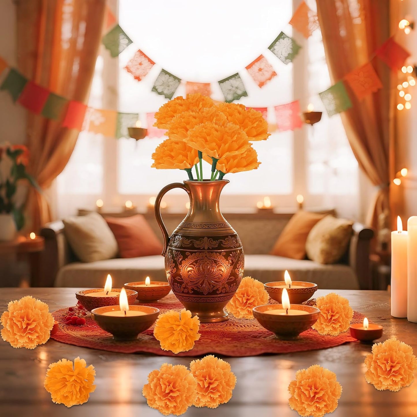 30 Pcs Artificial Marigold Flowers,2" Silk Marigold Flower Heads with Stems,Orange Flowers Artificial for Diwali Decor,Indian Wedding,Home,DIY Wreath Garland,Day of The Dead Decorations