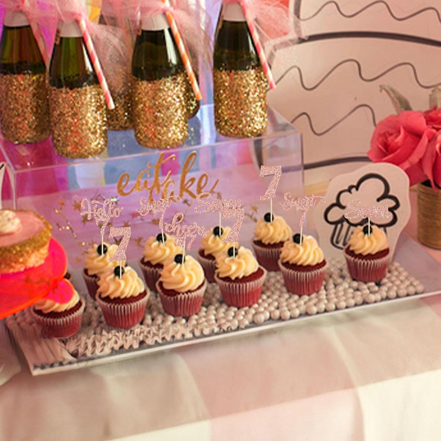 30Pcs 7th Birthday Cupcake Toppers Glitter Seven Happy 7 Cupcake Picks Cheers to 7 Years Old Cake Decorations for 7th Birthday Party Supplies Rose Gold