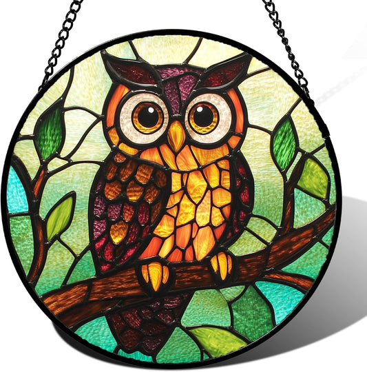 Stained Glass Window Hanging - Owl on a Branch Suncatcher for Doors Window Home Orange Brown Sun Catchers Decor Christmas Mother's Day Birthday Gifts for Teacher Women Men Mom Nana 11.8 in