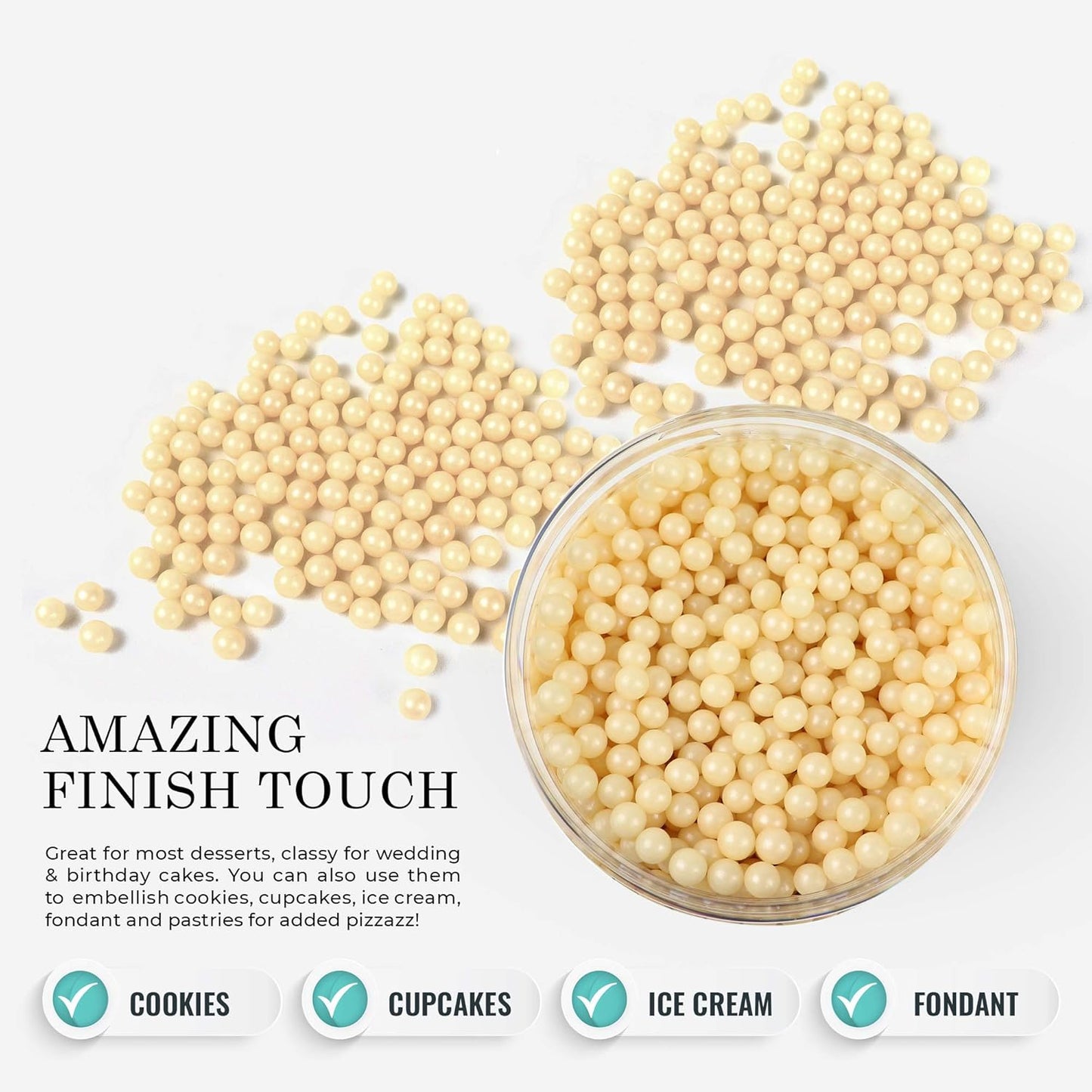 O'Creme Ivory Edible Sugar Pearls Cake Decorating Supplies for Bakers: Cookie, Cupcake & Icing Toppings, Beads Sprinkles For Baking, Certified, Candy Sugar Ball Accents (4mm, 32 Oz)