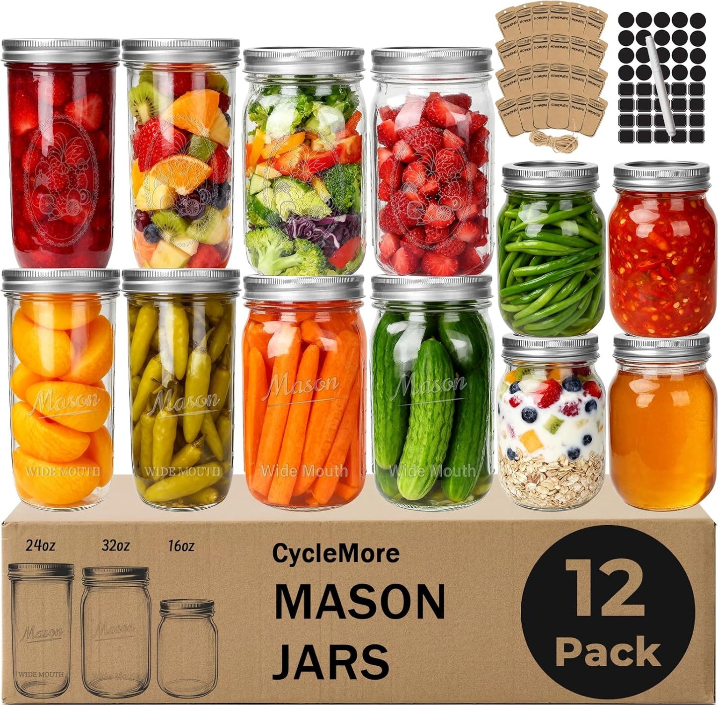 CycleMore Mason Jars Bundle, 12 Pack J Canning Jars With Bands and Lids, Ideal for Jam, Honey, Wedding/Shower Favors, DIY & Oats - 32 OZ x 4, 24 OZ x 4, 16 OZ x 4 (16oz - 24oz - 32oz)