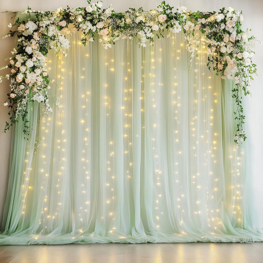 Fomcet Sage Green Tulle Backdrop Curtains with Lights String 10FT X 8FT Sheer Curtain with Lights Tulle Curtains Backdrop for Wedding Birthday Party Photo Shoot (2 Panels 5x8FT)